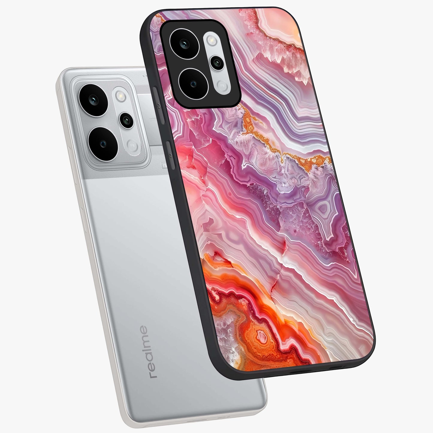 Rose Quartz Marble Glass Case displayed in angled mockup highlighting elegant marble pattern with soft aesthetic style.
