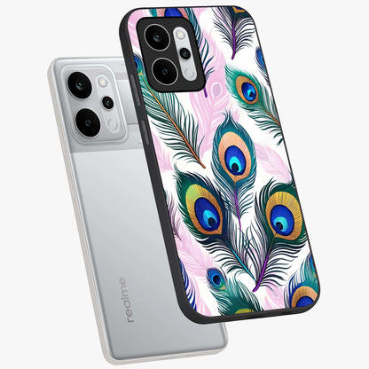 Royal Peacock Feathers Glass Case displayed in angled mockup highlighting vibrant feather pattern with regal aesthetic style.