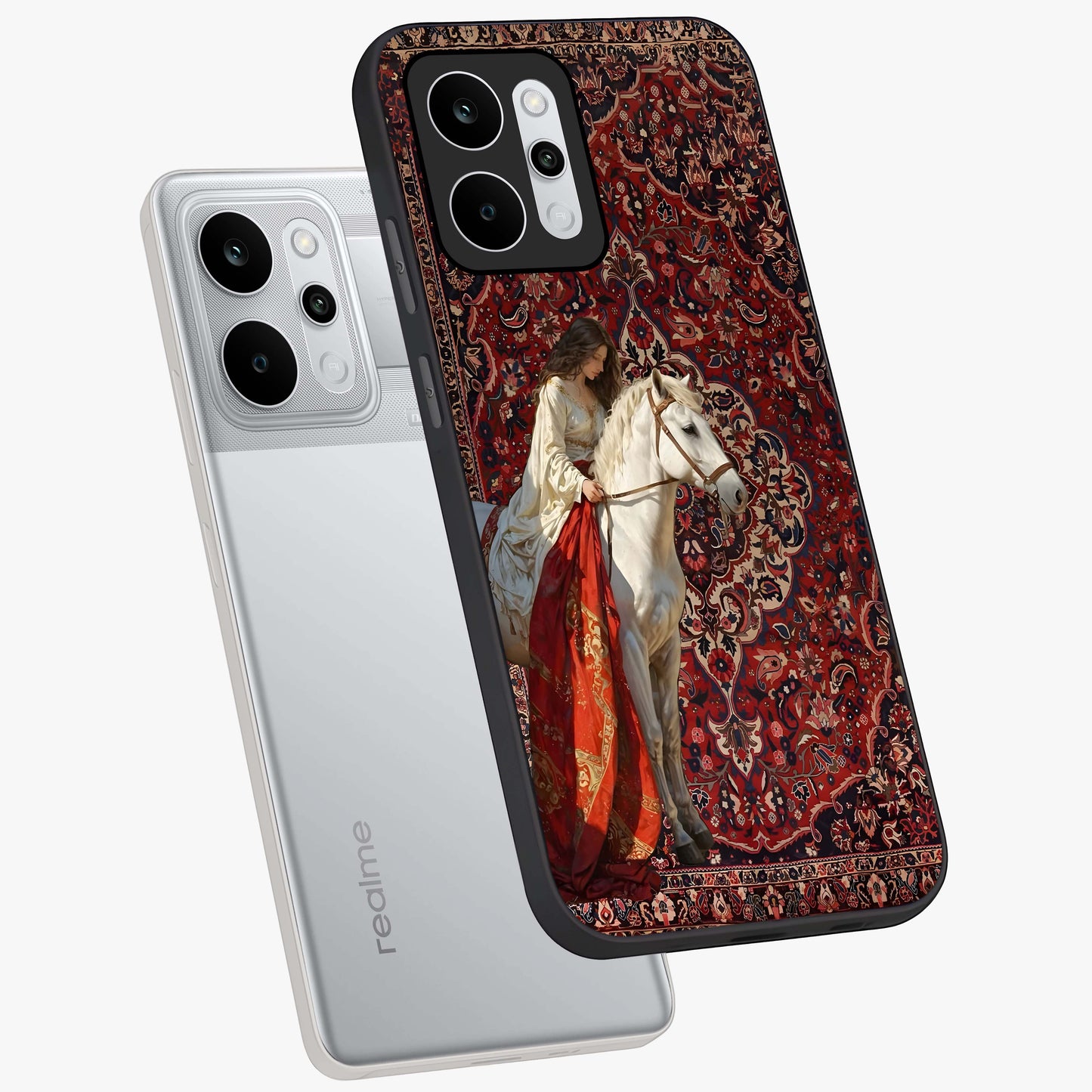 Royal Rider Tapestry Glass Case displayed in angled mockup highlighting traditional tapestry design with royal heritage aesthetic.