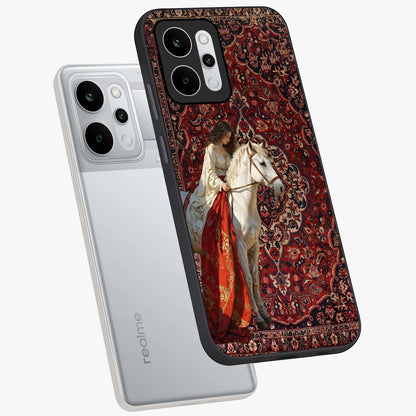Royal Rider Tapestry Glass Case displayed in angled mockup highlighting traditional tapestry design with royal heritage aesthetic.