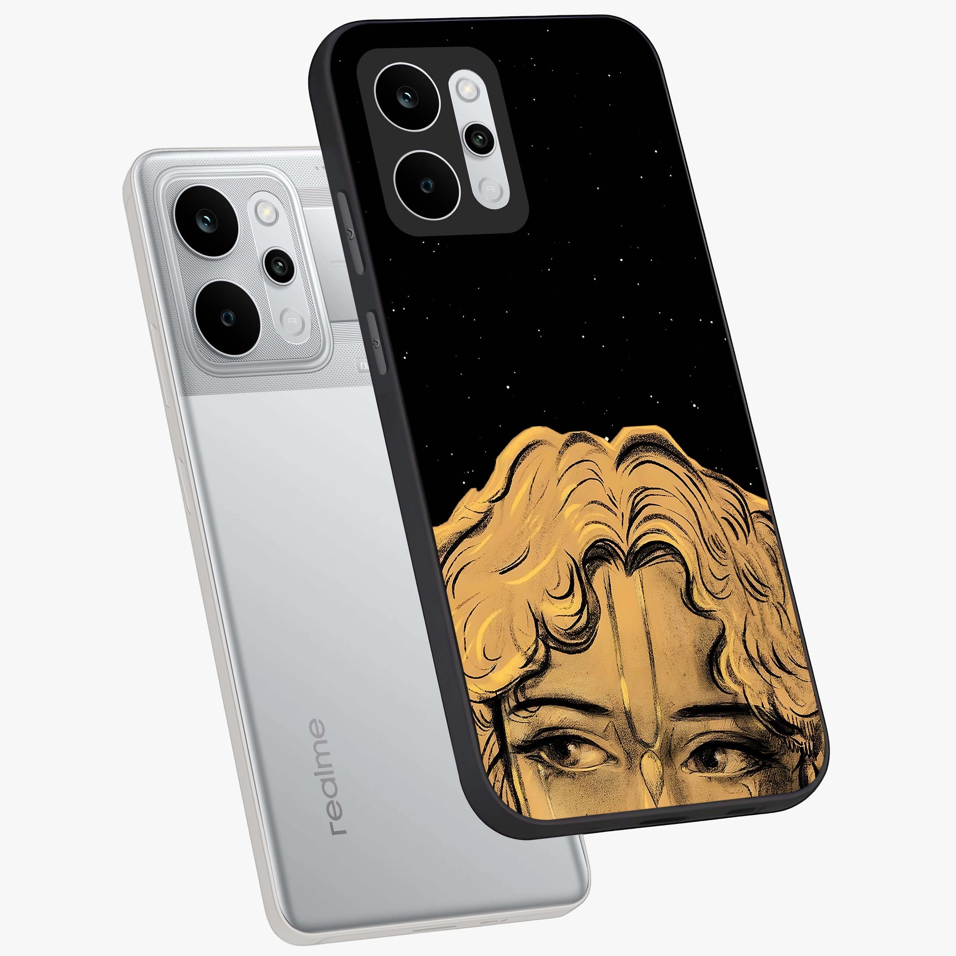 Shri Krishna Art Glass Case displayed in angled mockup highlighting spiritual Krishna illustration with divine aesthetic.