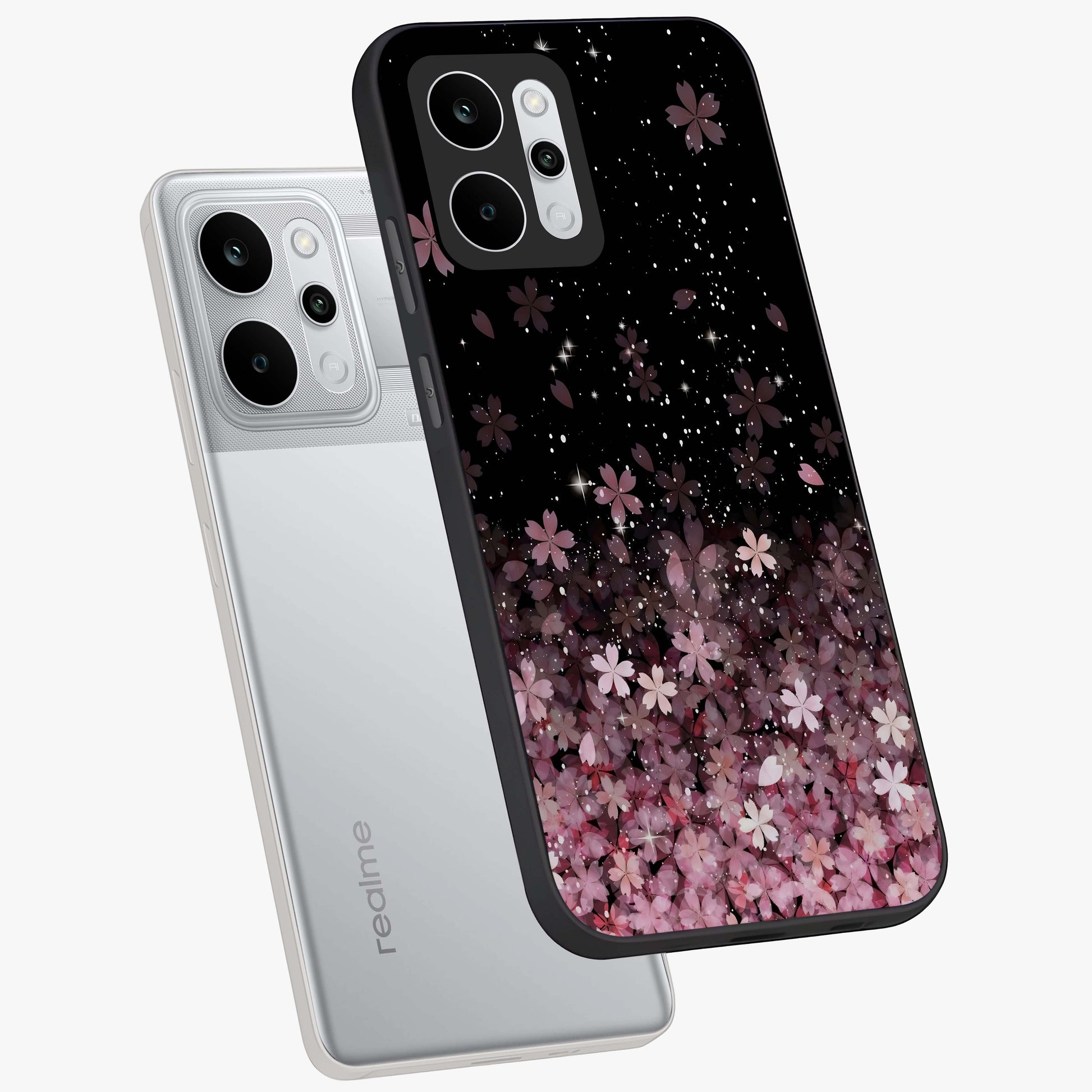 Small Starry Flowers Glass Case displayed in angled mockup highlighting tiny flower pattern with celestial aesthetic style.