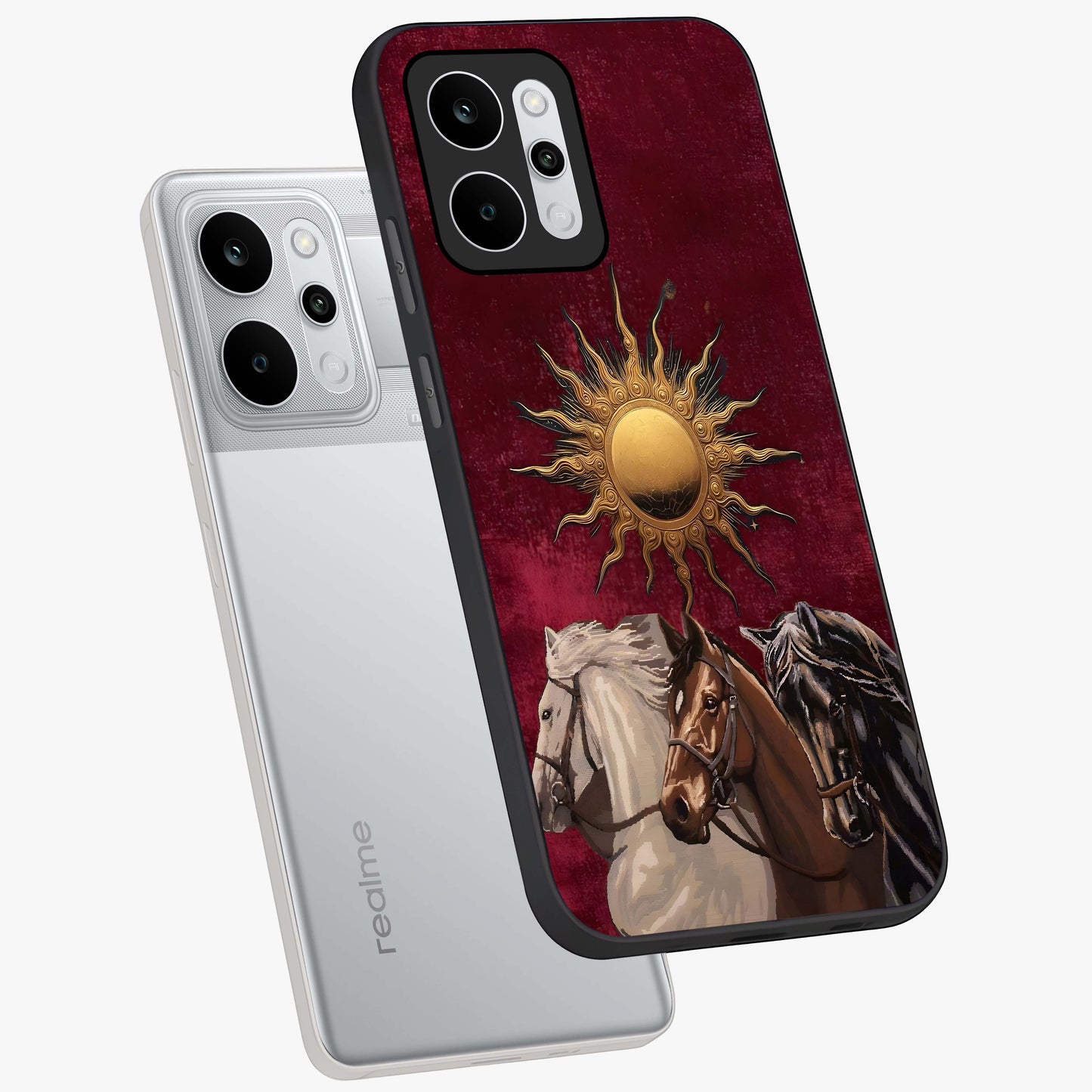 Solar Riders Glass Case displayed in angled mockup highlighting powerful rider illustration with radiant solar aesthetic.