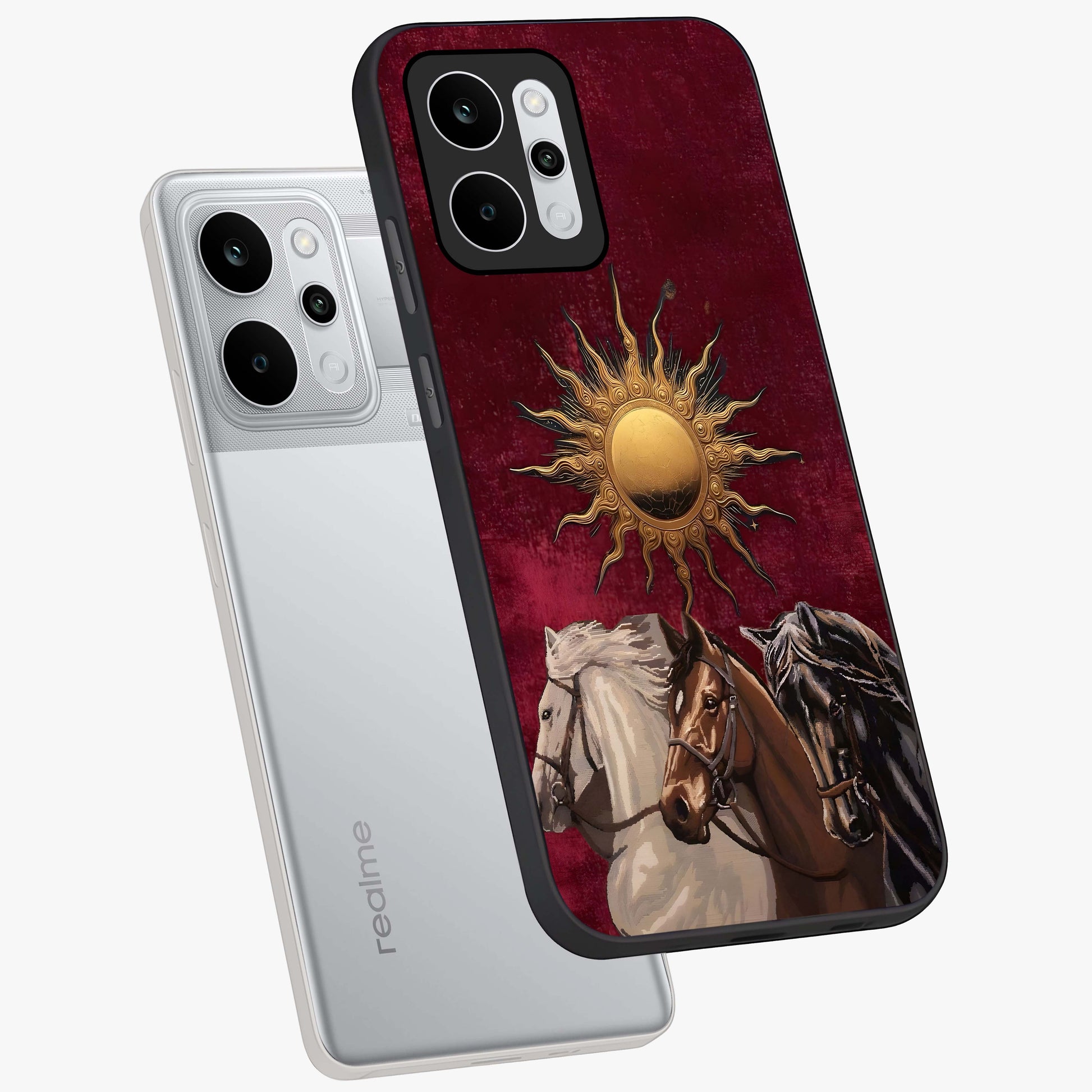 Solar Riders Glass Case displayed in angled mockup highlighting powerful rider illustration with radiant solar aesthetic.