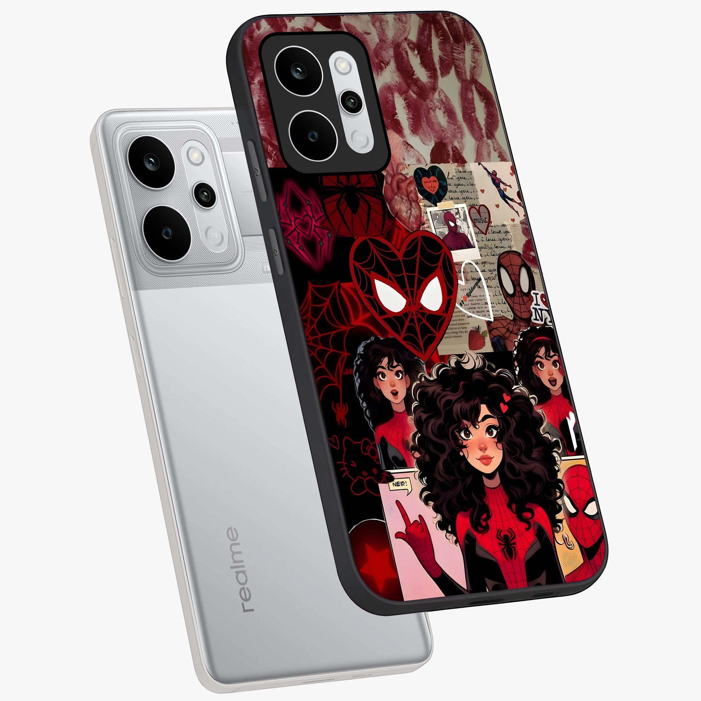 Spider Love Story Glass Case displayed in angled mockup highlighting expressive comic inspired design with playful aesthetic.