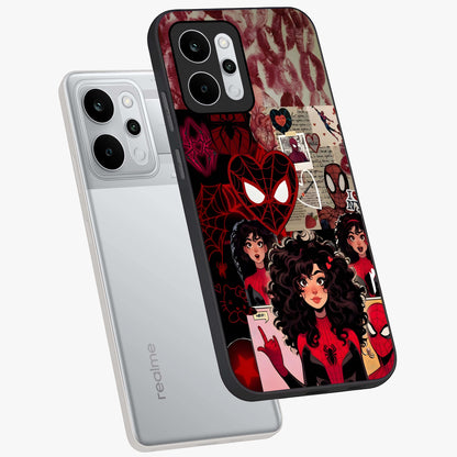 Spider Love Story Glass Case displayed in angled mockup highlighting expressive comic inspired design with playful aesthetic.