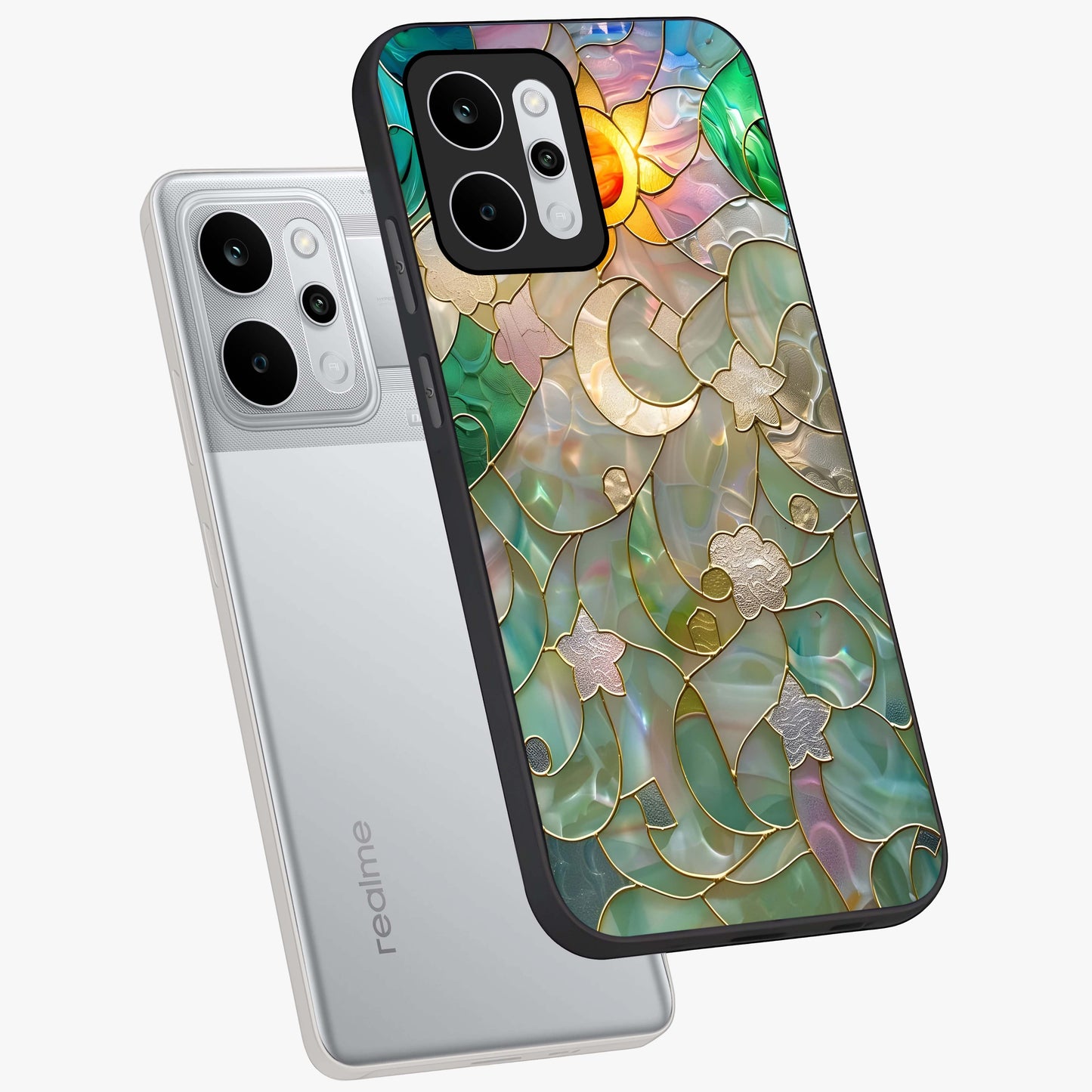 Stained Sunrise Glow Glass Case displayed in angled mockup highlighting radiant sunrise design with artistic aesthetic style.
