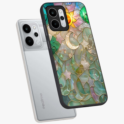 Stained Sunrise Glow Glass Case displayed in angled mockup highlighting radiant sunrise design with artistic aesthetic style.