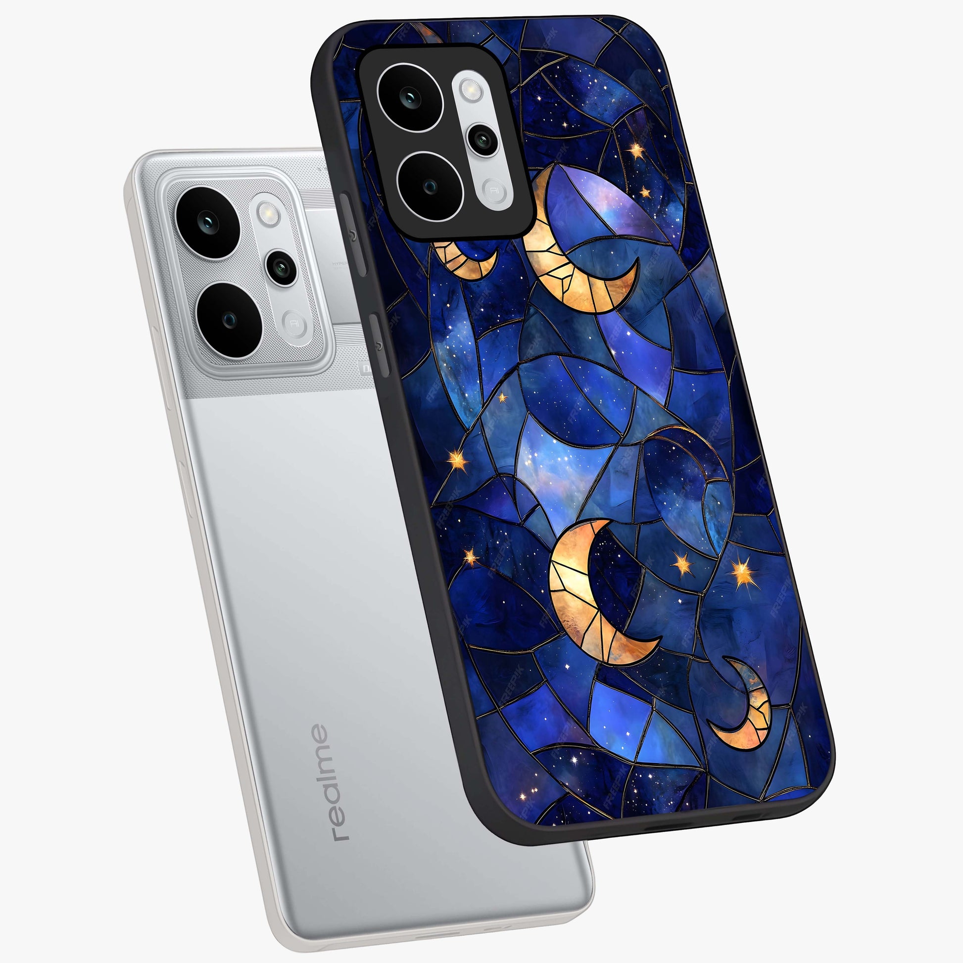 Starlit Sky Tapestry Glass Case displayed in angled mockup highlighting celestial night pattern with artistic aesthetic style.