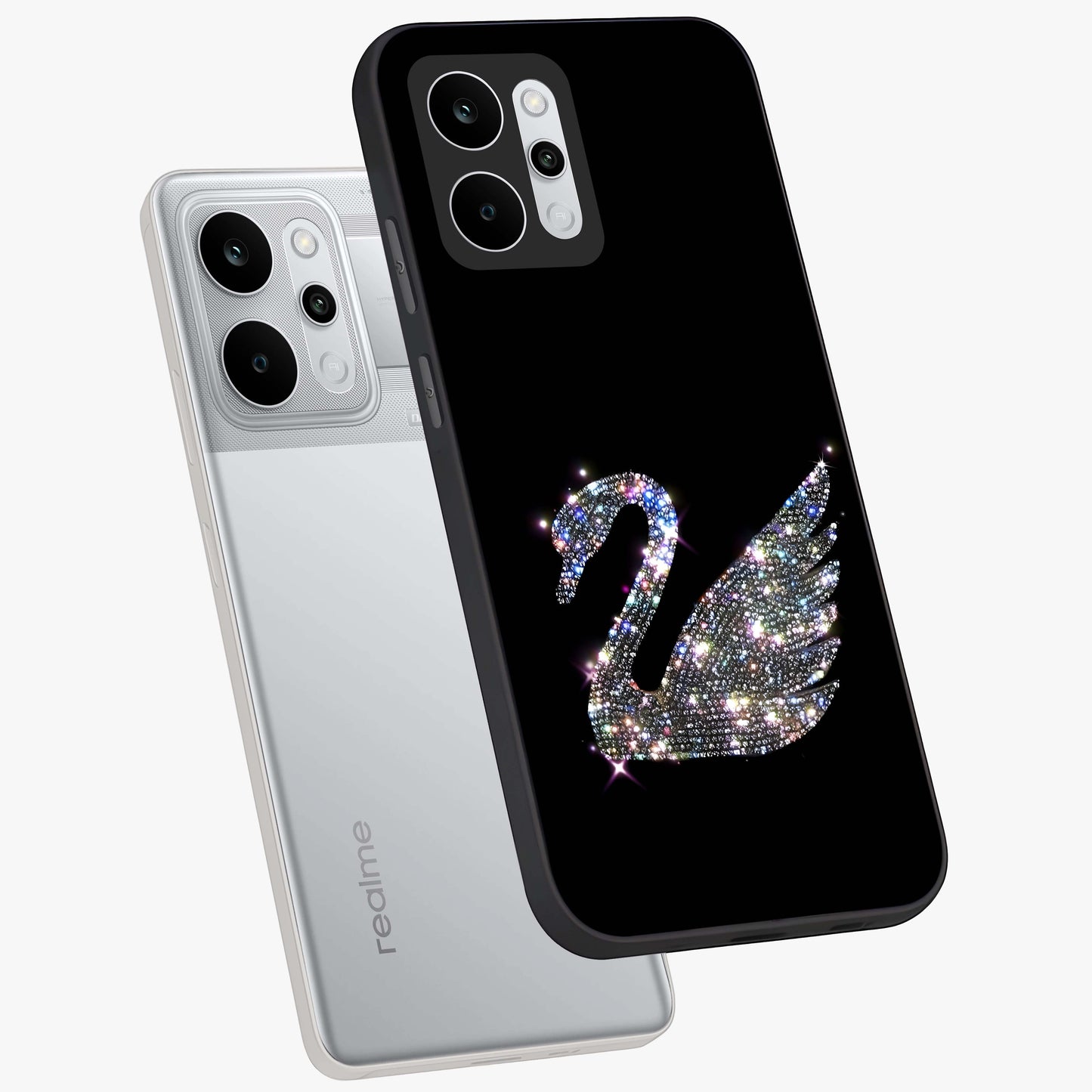 Starlit Swan Grace Glass Case displayed in angled mockup highlighting elegant swan illustration with dreamy celestial aesthetic.