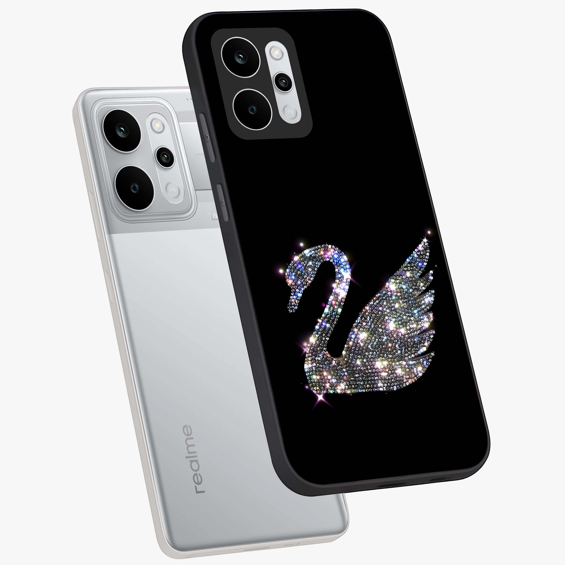 Starlit Swan Grace Glass Case displayed in angled mockup highlighting elegant swan illustration with dreamy celestial aesthetic.