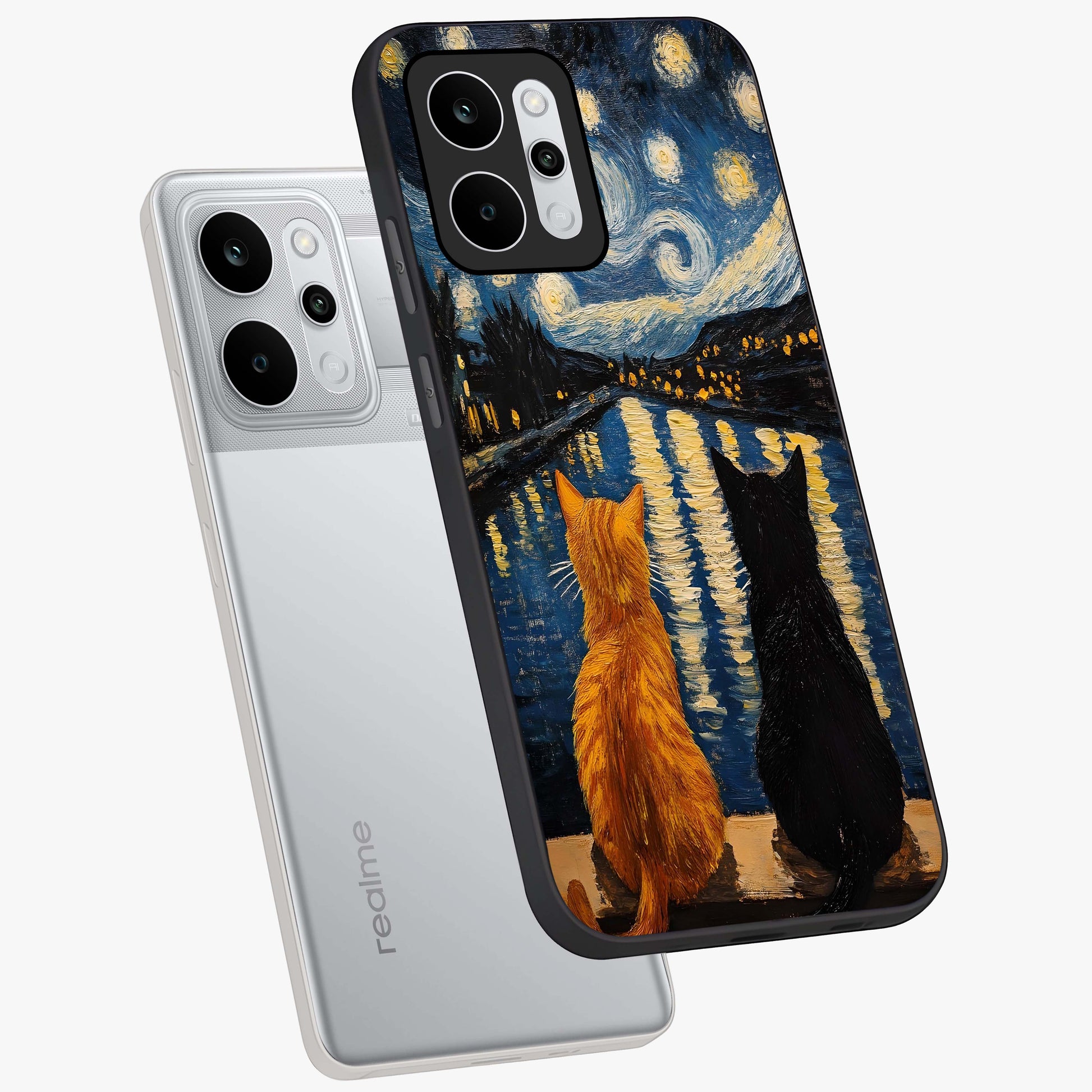 Starry River Cats Glass Case displayed in angled mockup highlighting charming feline illustration with dreamy night aesthetic.