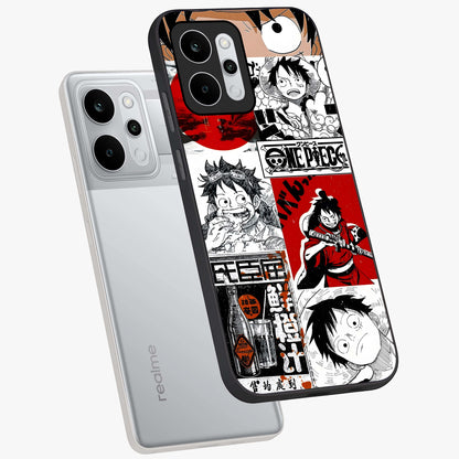 Strawhat Chaos Panels Glass Case displayed in angled mockup highlighting vibrant anime collage design with action aesthetic.