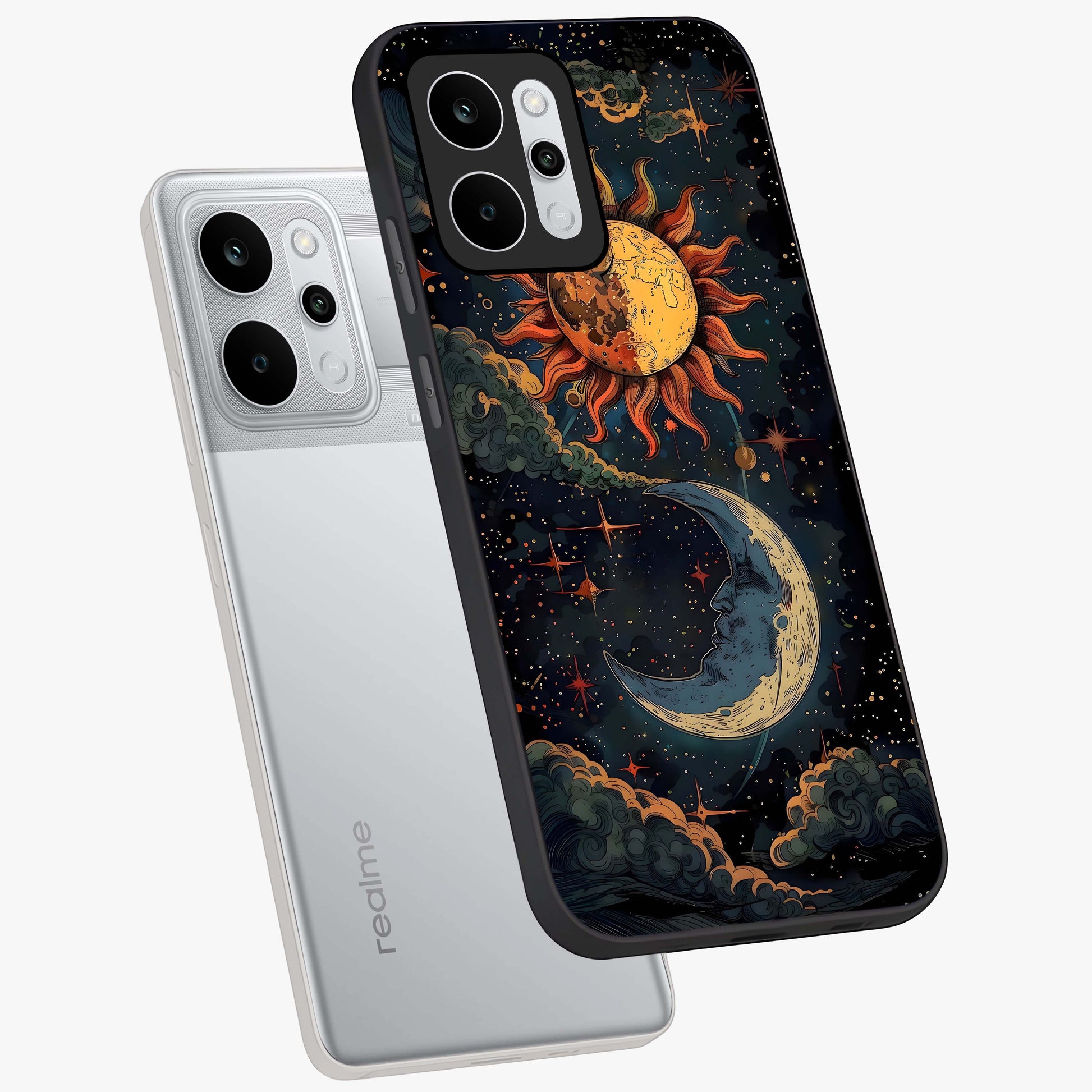 Sun And Moon Magic Design Glass Case displayed in angled mockup highlighting celestial design with magical cosmic aesthetic.