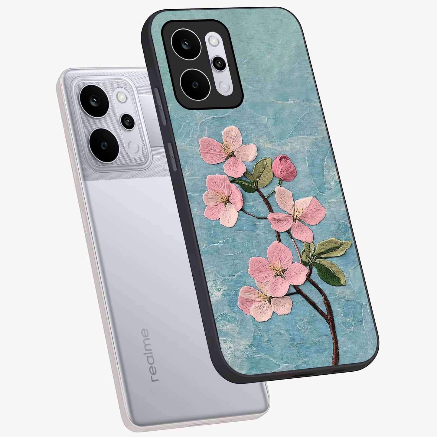 Threaded Blossom Breeze Glass Case displayed in angled mockup highlighting elegant floral design with soft aesthetic style.