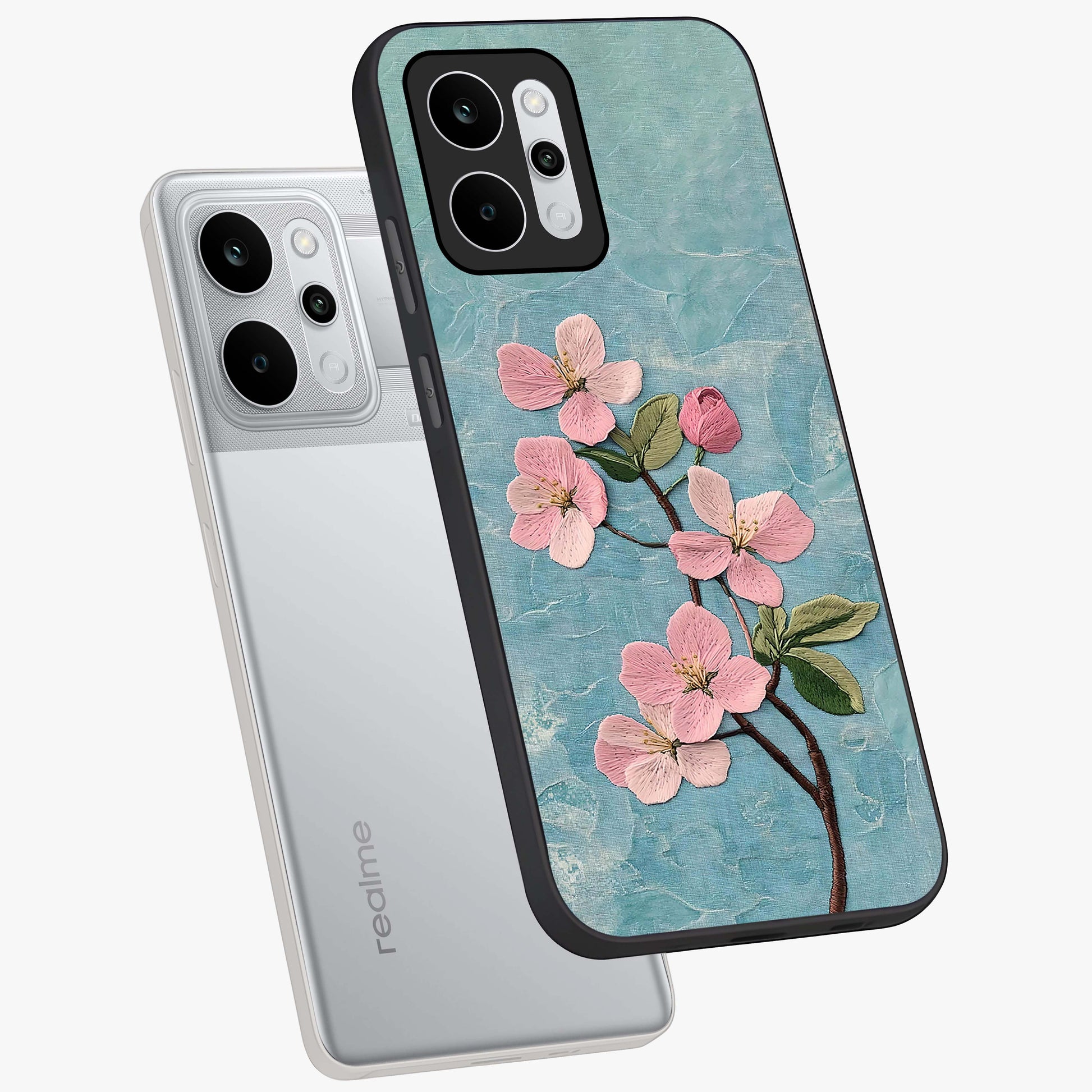 Threaded Blossom Breeze Glass Case displayed in angled mockup highlighting elegant floral design with soft aesthetic style.