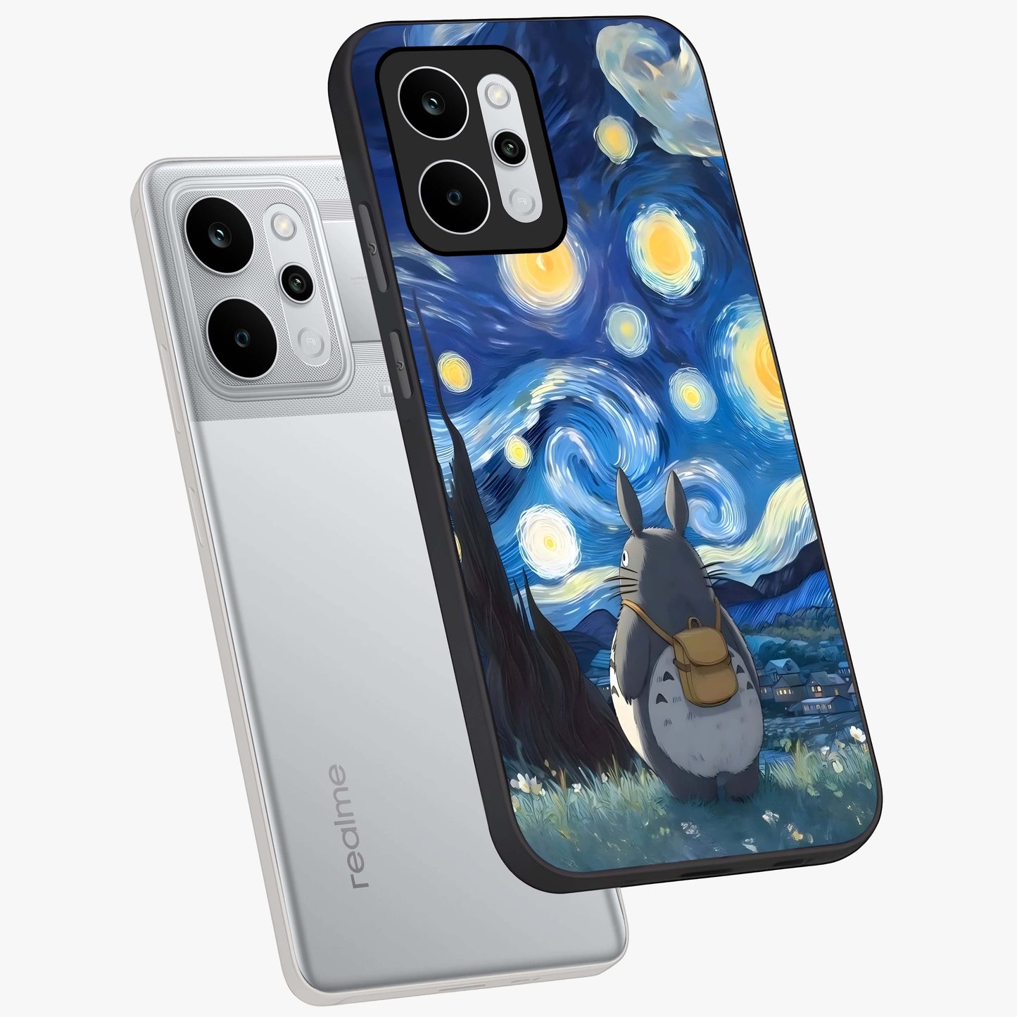 Totoro In Van Gogh Art Glass Case displayed in angled mockup highlighting artistic swirling sky design with playful animation aesthetic.