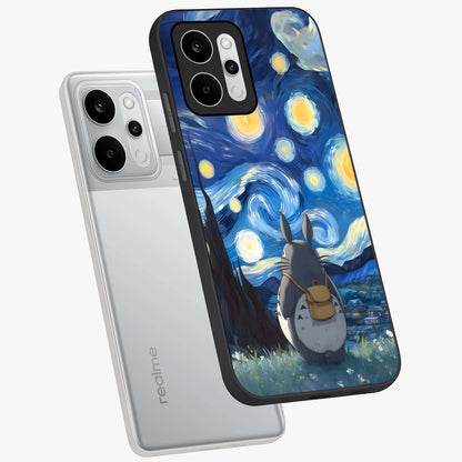 Totoro In Van Gogh Art Glass Case displayed in angled mockup highlighting artistic swirling sky design with playful animation aesthetic.