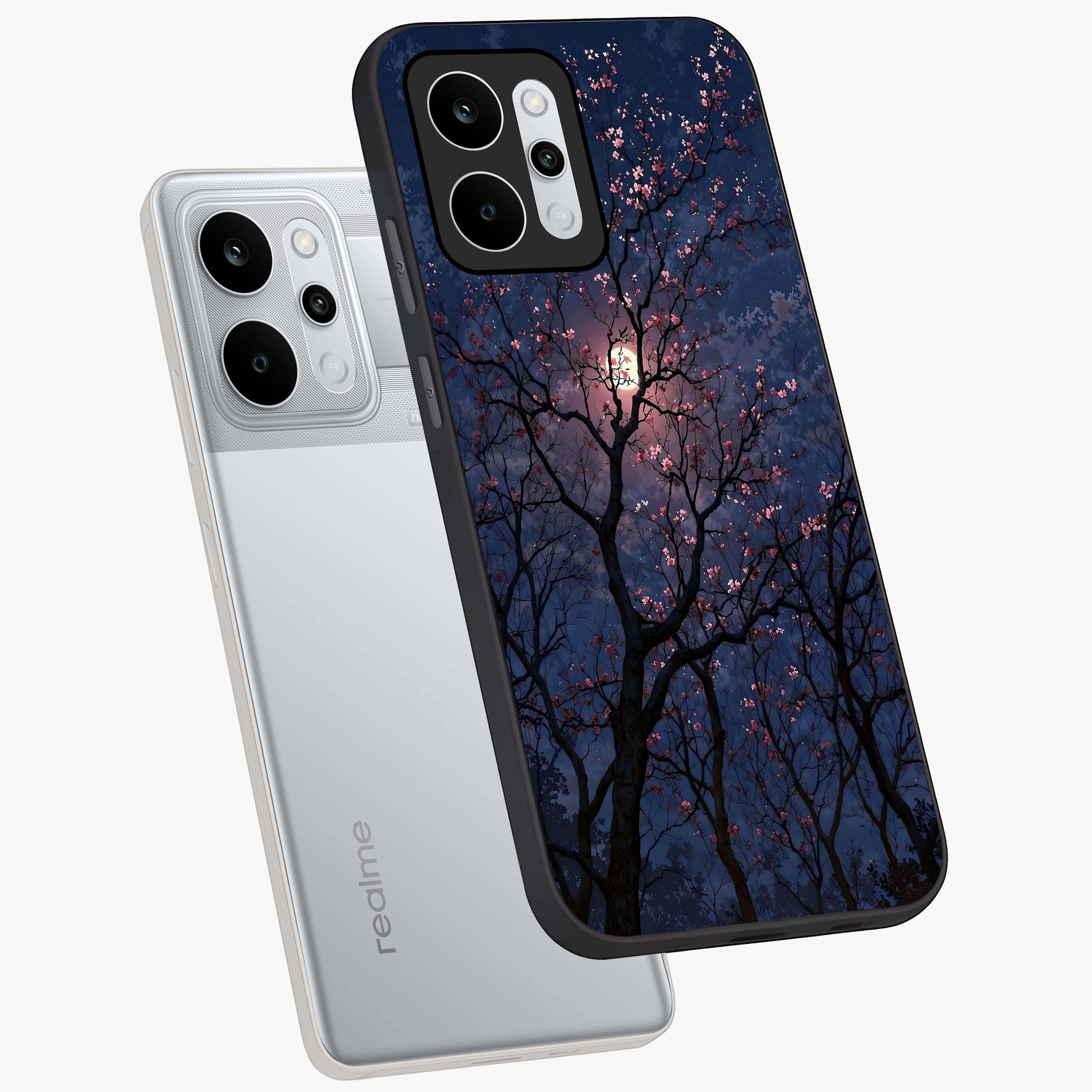 Twilight Sakura Serenade Glass Case displayed in angled mockup highlighting delicate sakura flower design with dreamy aesthetic.