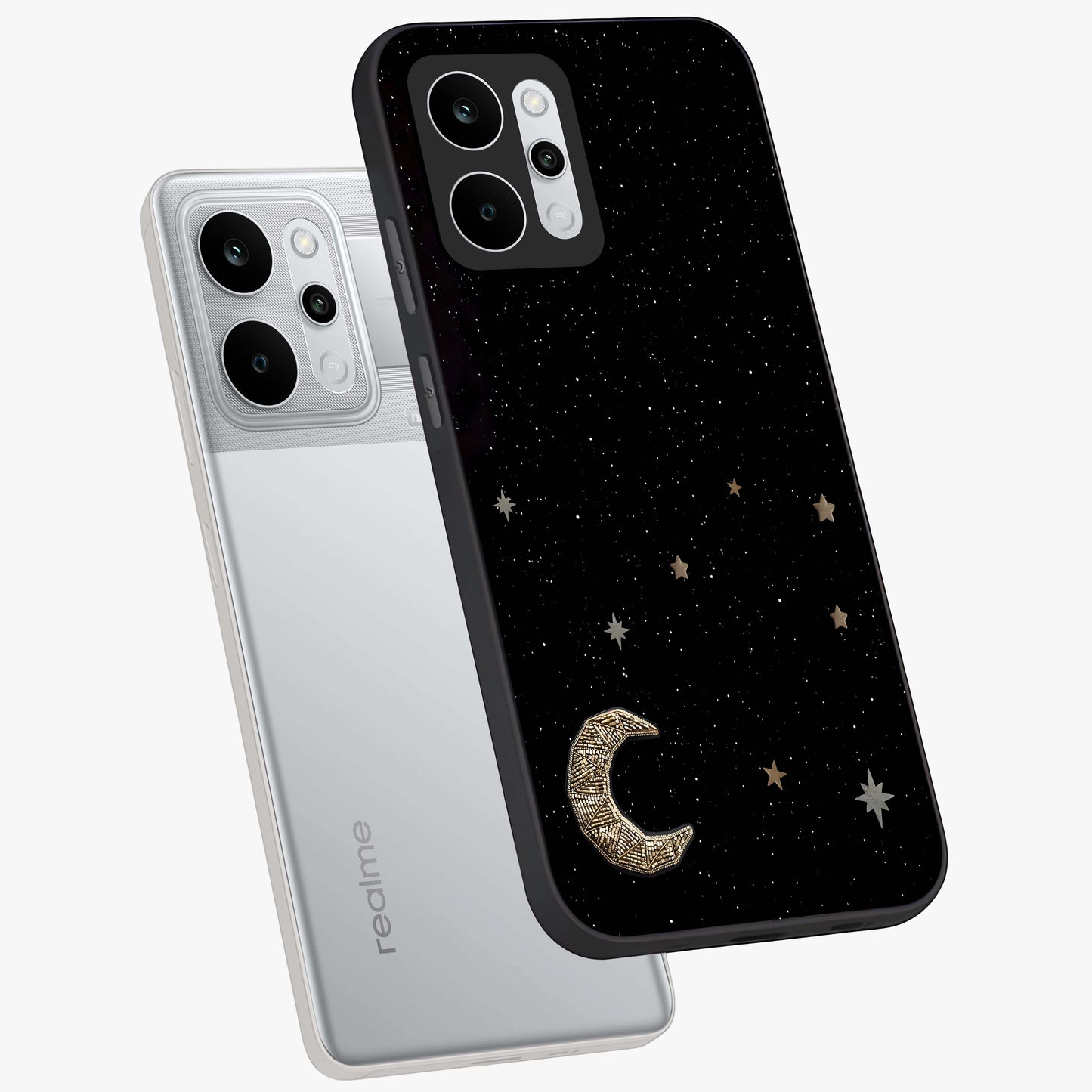Twinkle Star With Half Moon Glass Case displayed in angled mockup highlighting celestial moon and star design with magical aesthetic.