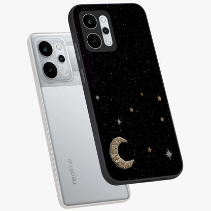 Twinkle Star With Half Moon Glass Case displayed in angled mockup highlighting celestial moon and star design with magical aesthetic.