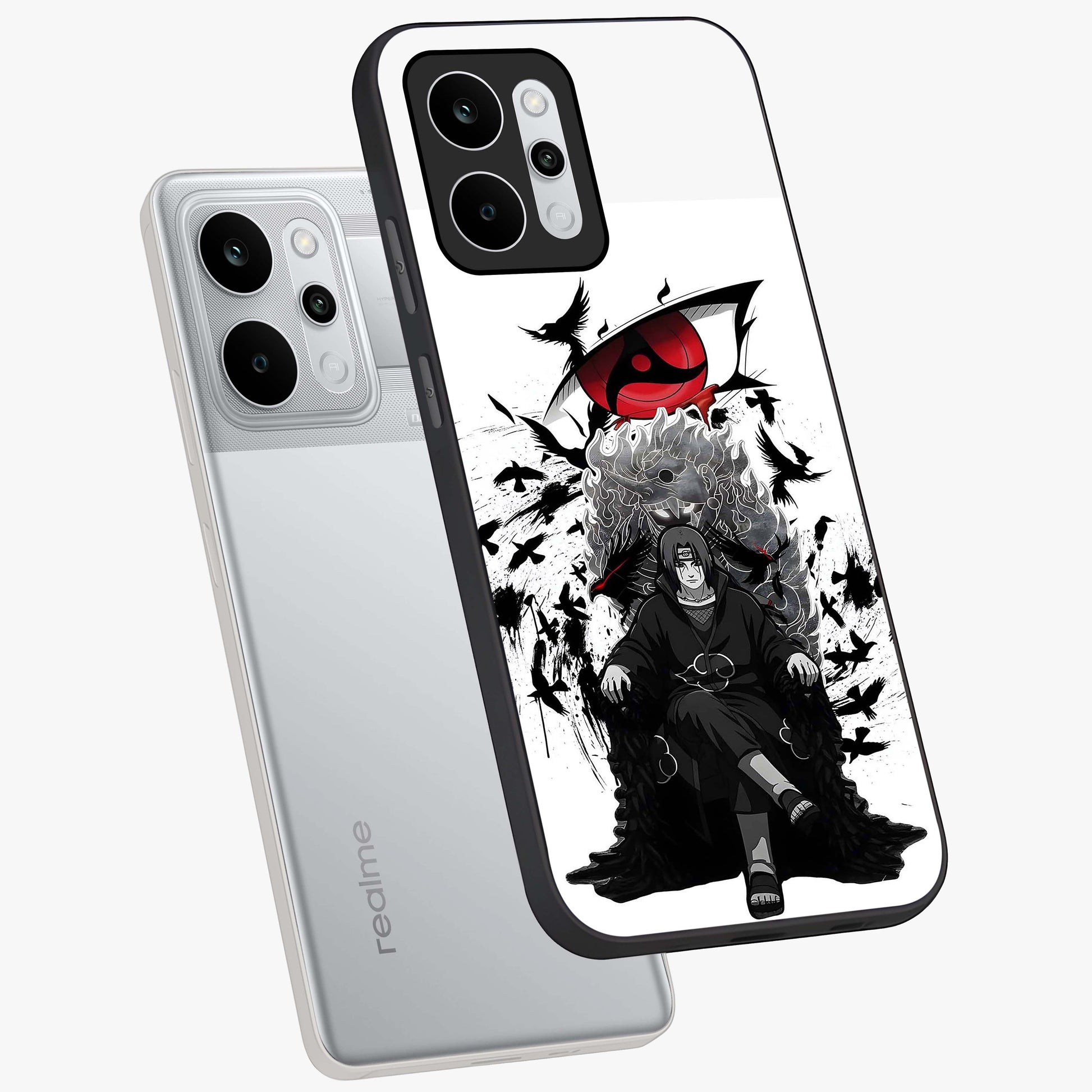 Uchiha Shadow Throne Glass Case displayed in angled mockup highlighting glowing aquatic design with celestial aesthetic.