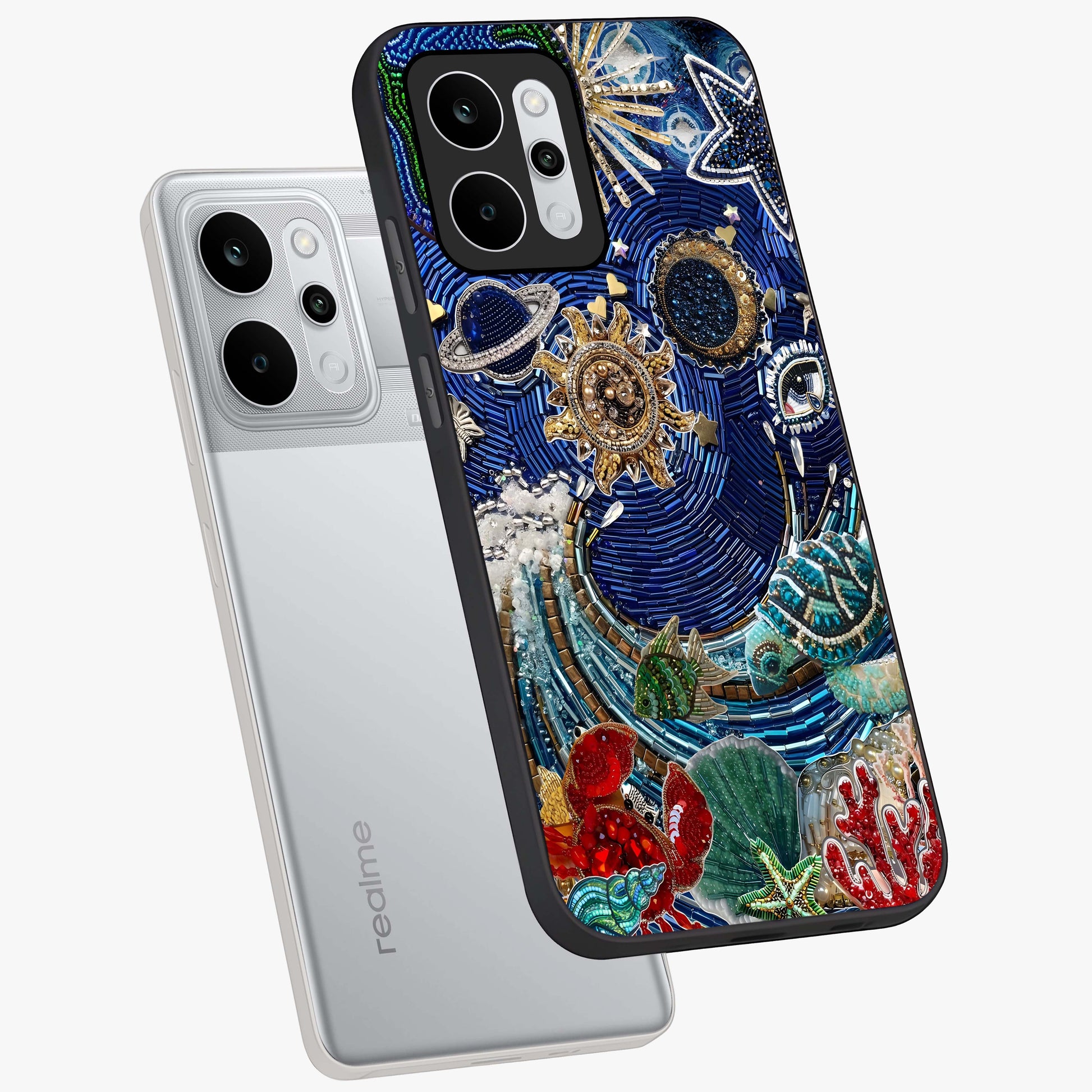 Universe Underwater Spark Glass Case displayed in angled mockup highlighting glowing aquatic design with celestial aesthetic.