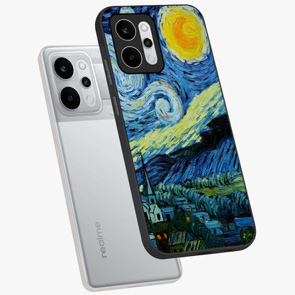 Van Gogh Art Glass Case displayed in angled mockup highlighting swirling brushstroke design with artistic aesthetic.
