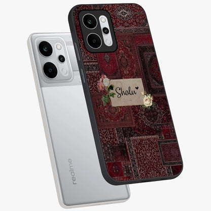Velvet Wine Pattern Custom Name Glass Case displayed in angled mockup highlighting decorative velvet inspired design with custom name feature.