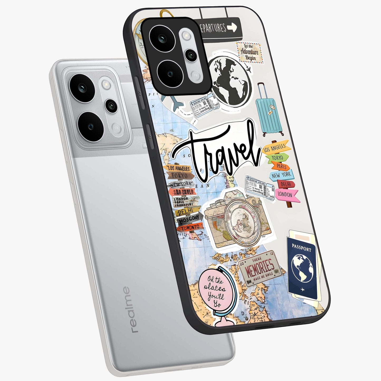Wanderlust Journal Glass Case displayed in angled mockup highlighting adventure themed design with aesthetic travel vibe.
