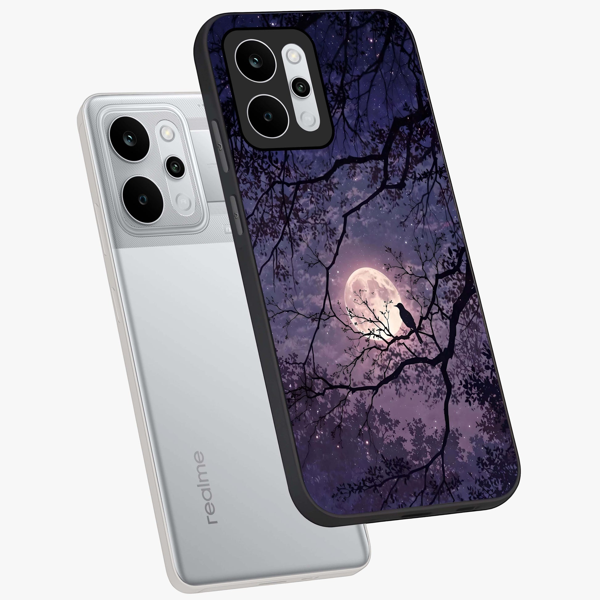 Whispering Moon Silence Glass Case displayed in angled mockup highlighting calm lunar design with dreamy night aesthetic.