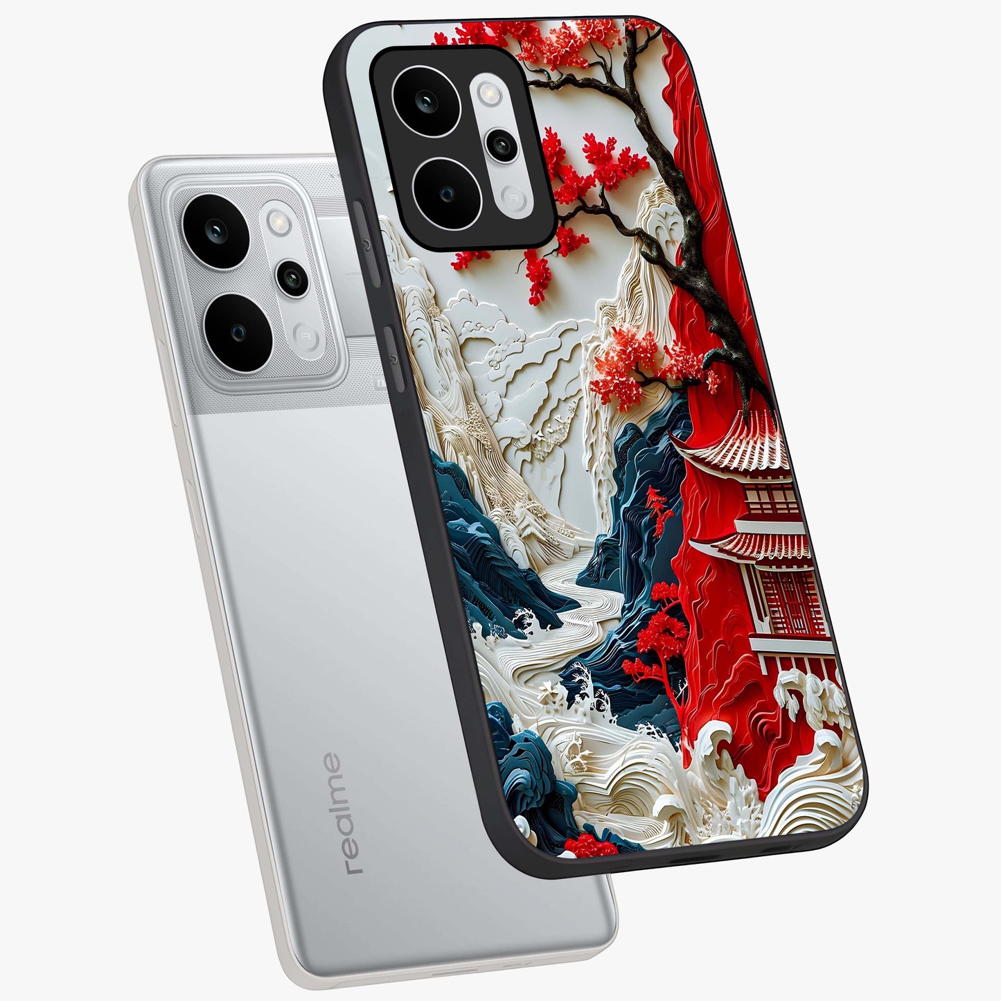 Whispers Of Sakura Waves Glass Case displayed in angled mockup highlighting flowing sakura design with soft floral aesthetic.