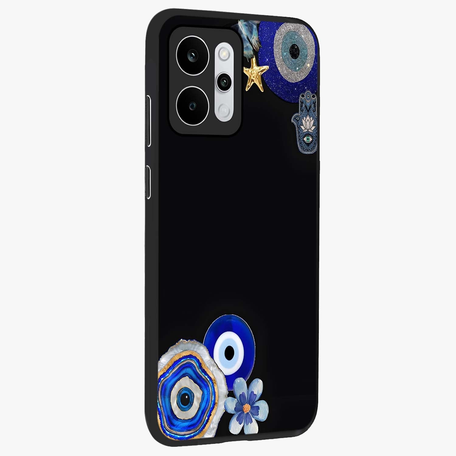 Aesthetic Blue Evil Eye Glass Case upright view showcasing mystical evil eye graphic with minimal aesthetic style.