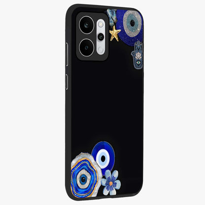 Aesthetic Blue Evil Eye Glass Case upright view showcasing mystical evil eye graphic with minimal aesthetic style.