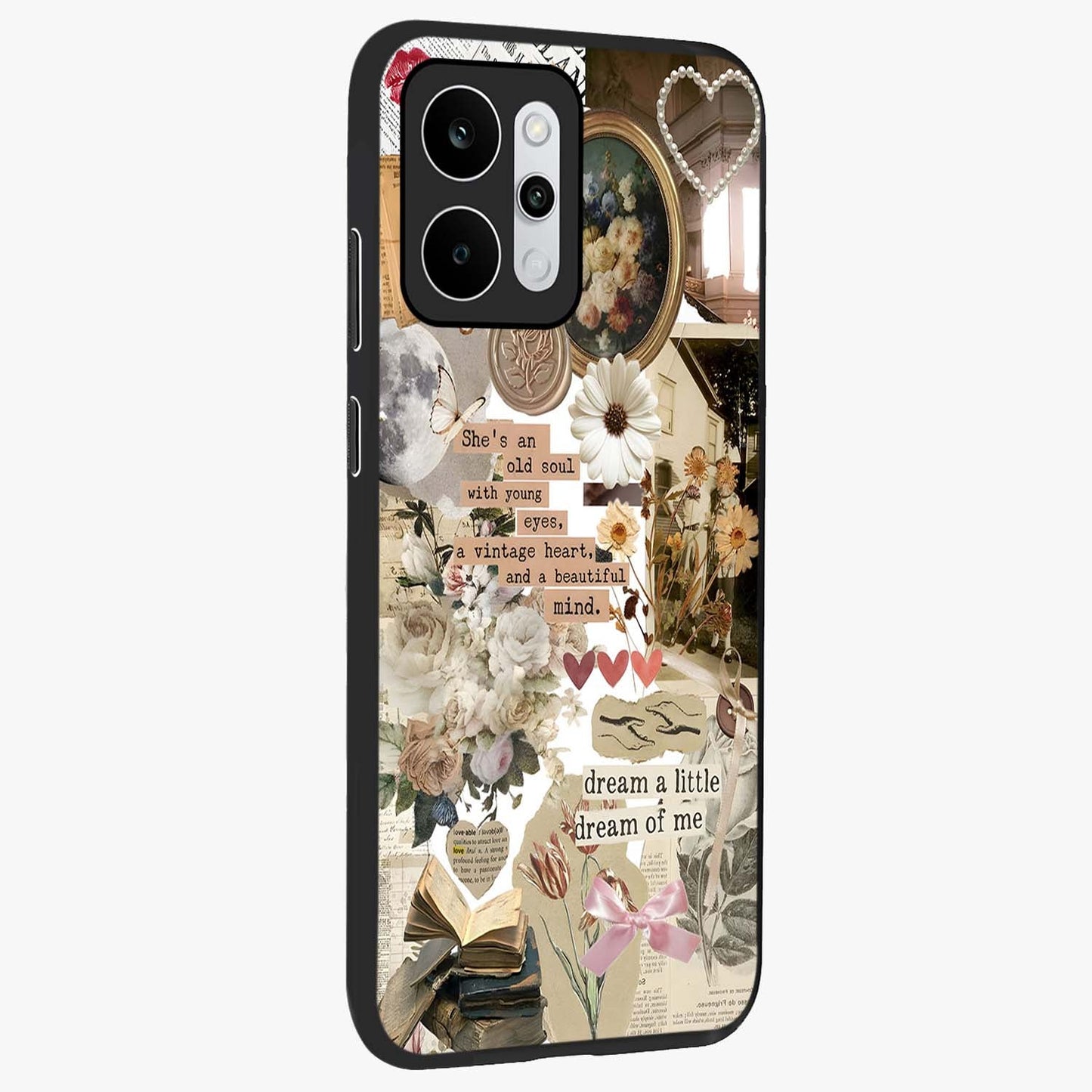 Aesthetic Brown Vintage Collage Glass Case upright view showcasing nostalgic retro artwork with stylish vintage theme.