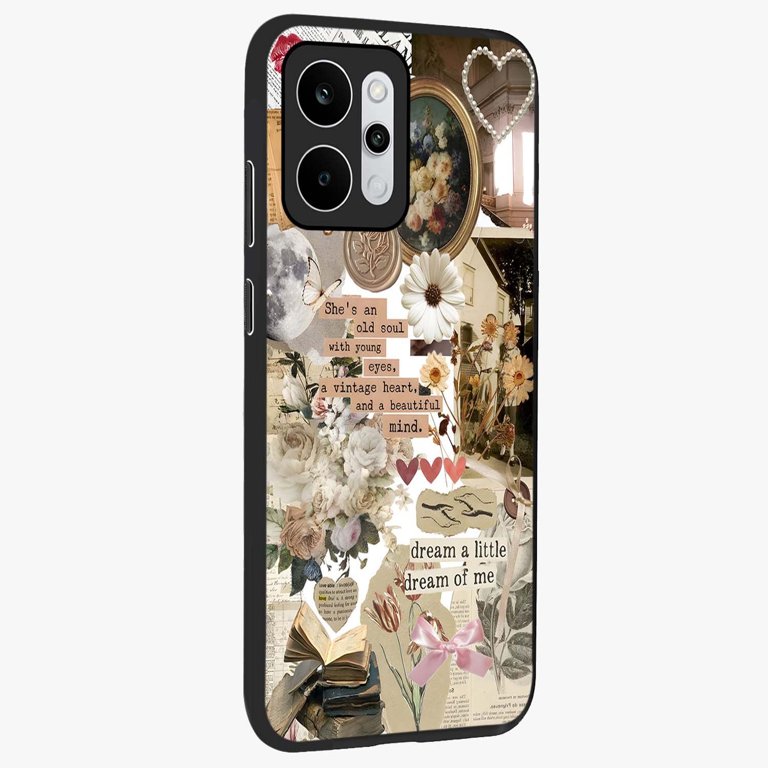 Aesthetic Brown Vintage Collage Glass Case upright view showcasing nostalgic retro artwork with stylish vintage theme.