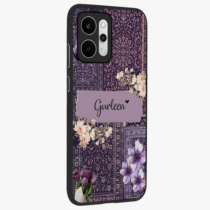 Antique Floral Whisper Custom Name Glass Case upright view showcasing delicate floral artwork with custom name feature.
