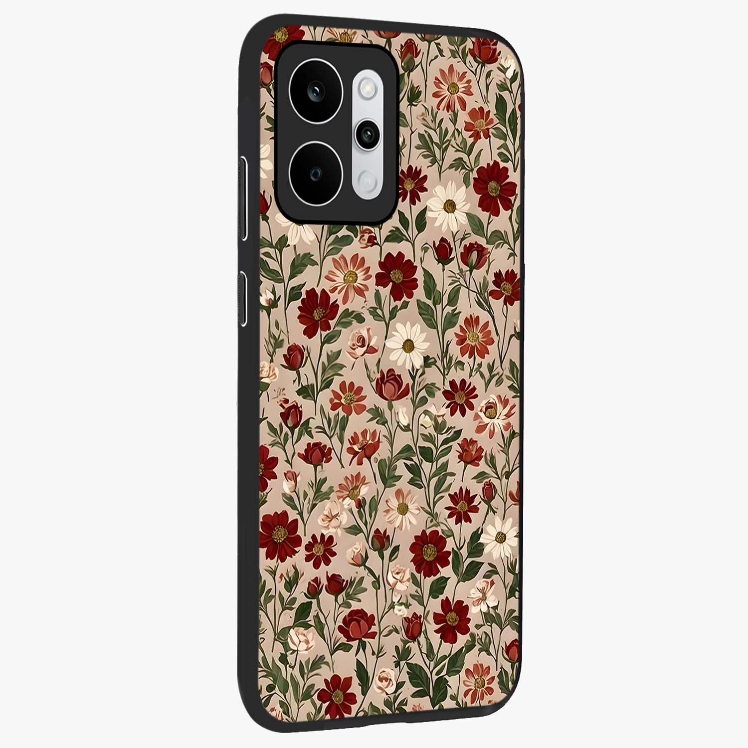 Biege Flower With Leaf Glass Case upright view showcasing delicate beige flower illustration with clean botanical style.