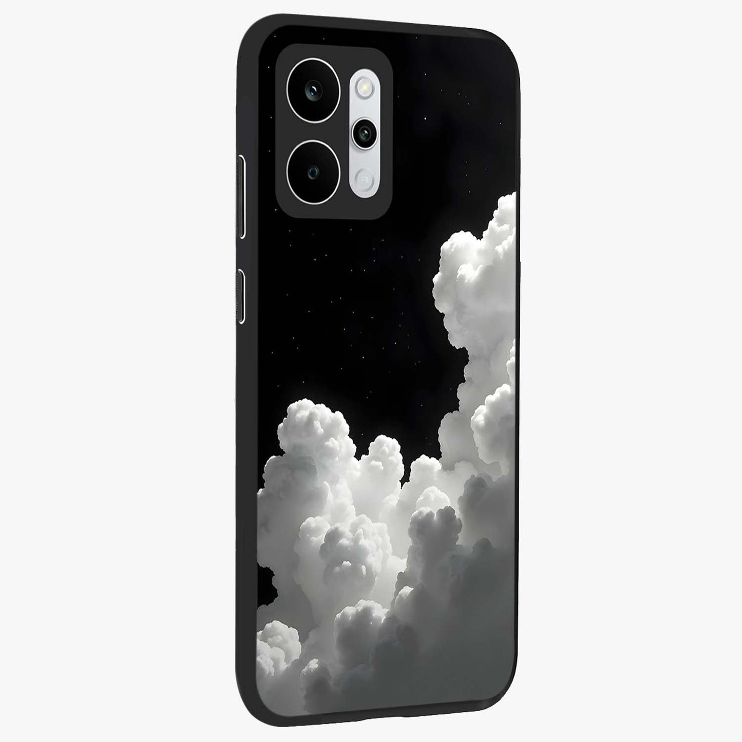 Black Background With White Cloud Glass Case upright view showcasing calm cloud aesthetic with modern minimal style.