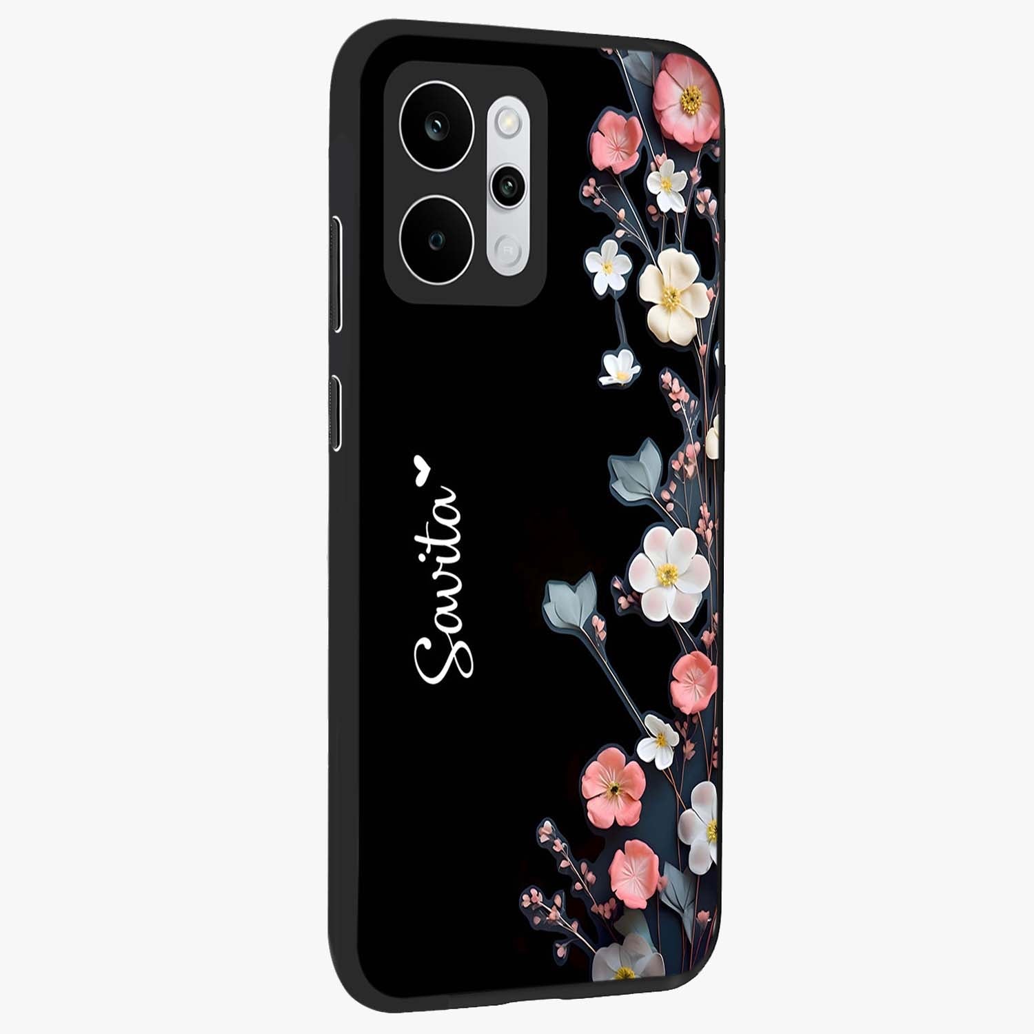 Black Elegance Floral Custom Name Glass Case upright view showcasing luxurious black floral design with personalized name detail.