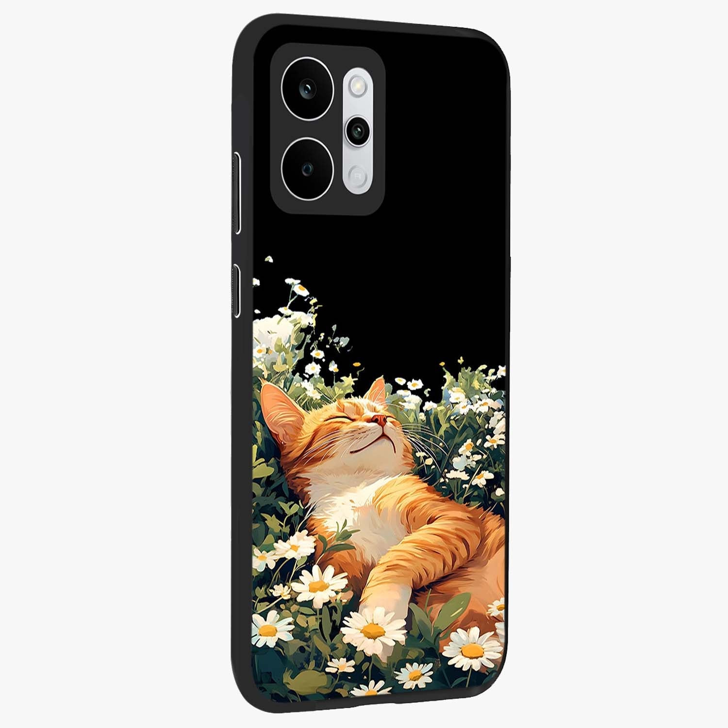 Blissful Bloom Cat Glass Case upright view showcasing charming cat design surrounded by blooming floral elements.