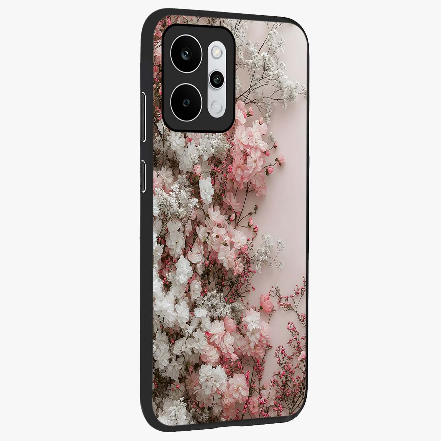Blush Blossom Cloud Glass Case upright view showcasing calm floral cloud artwork with gentle dreamy theme.