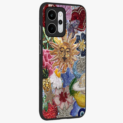 Celestial Floral and Playful Glass Case upright view showcasing whimsical floral artwork with cosmic aesthetic theme.