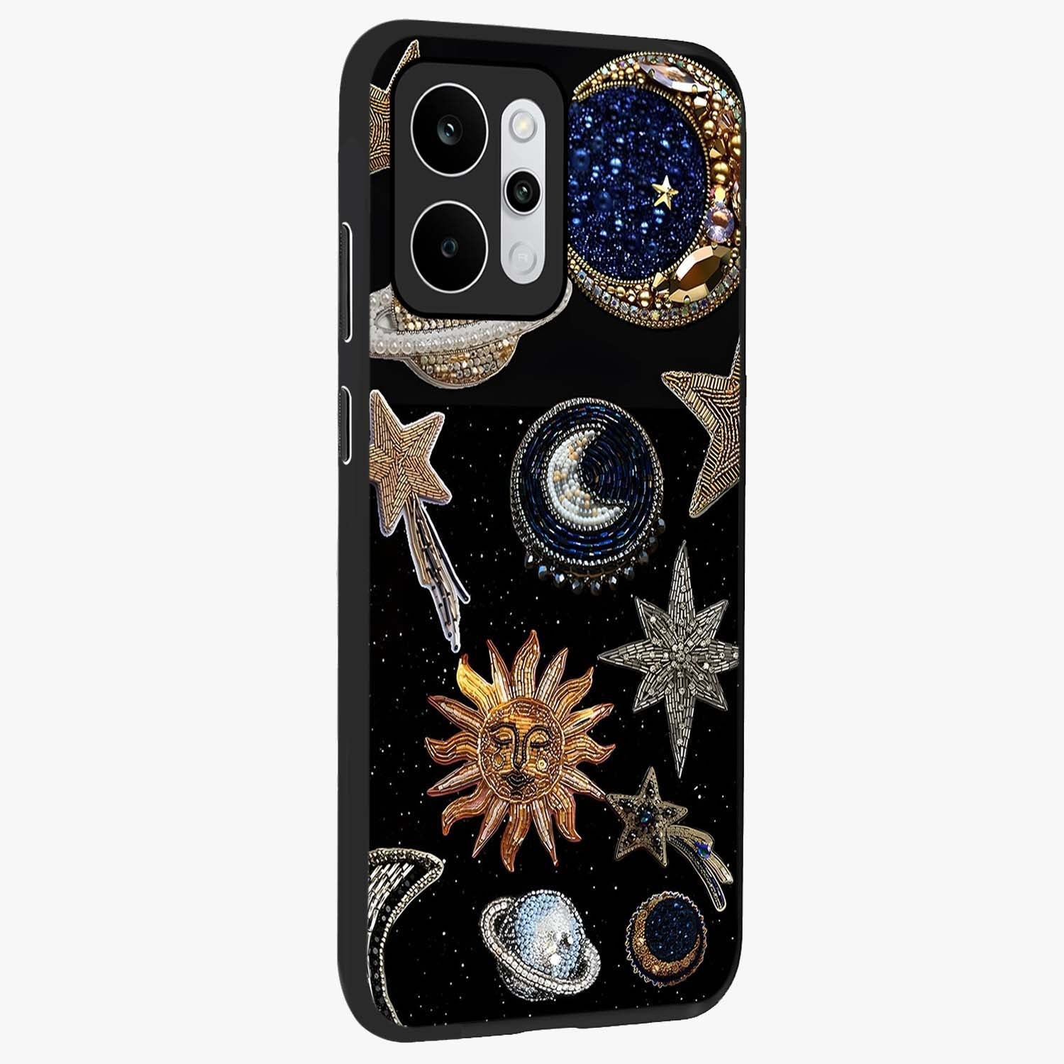Celestial Gem Constellations Glass Case upright view showcasing cosmic constellation artwork with celestial aesthetic style.
