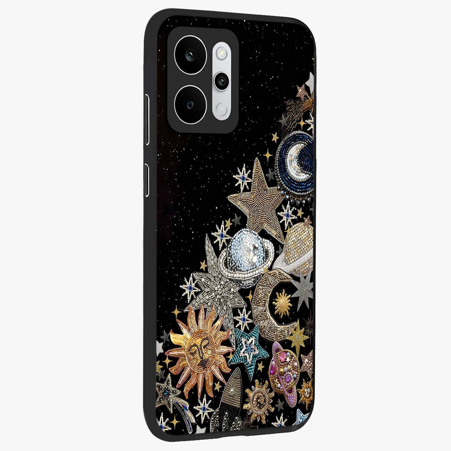 Cosmic Sparkle Dreams Glass Case upright view showcasing glowing cosmic artwork with magical galaxy theme.