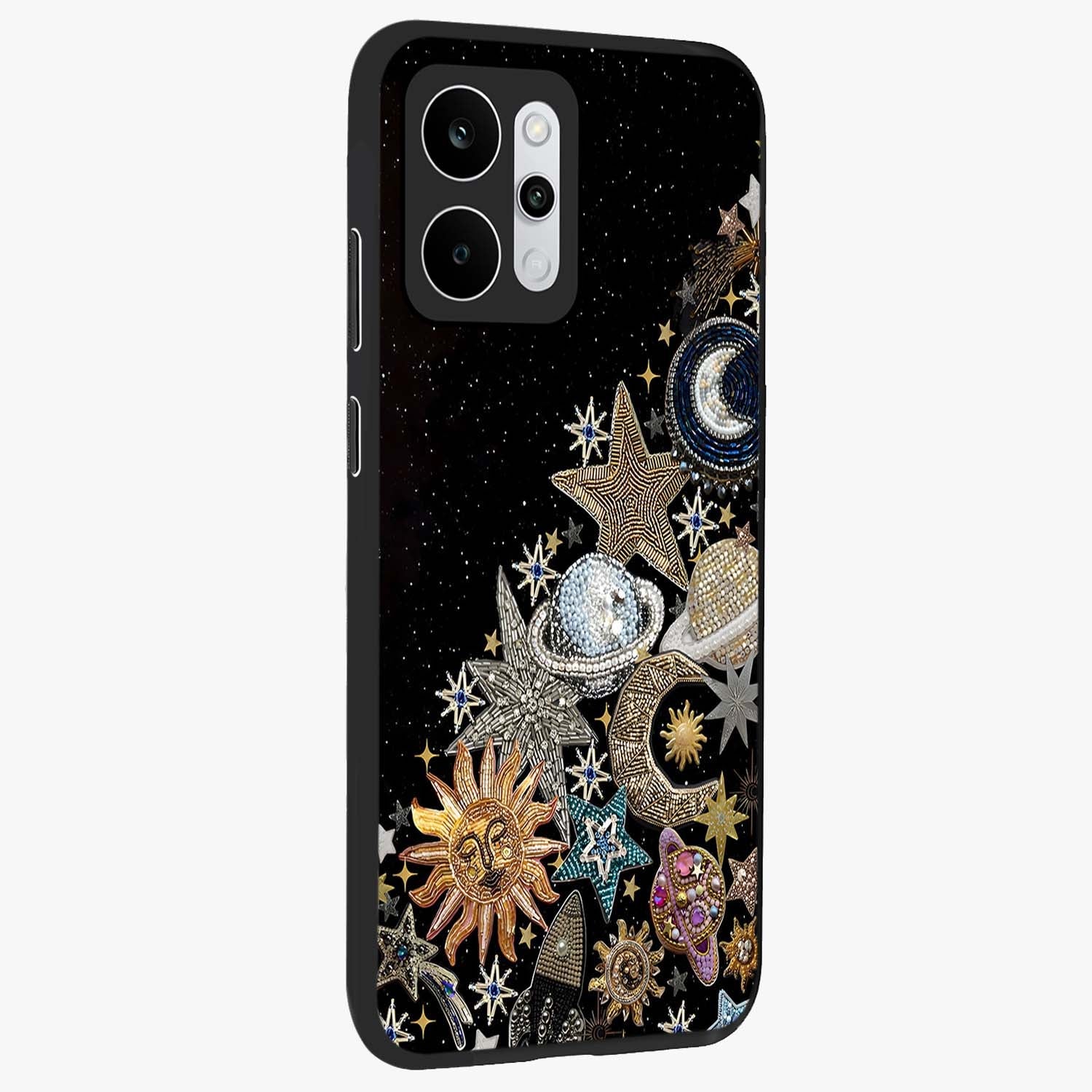 Cosmic Sparkle Dreams Glass Case upright view showcasing glowing cosmic artwork with magical galaxy theme.