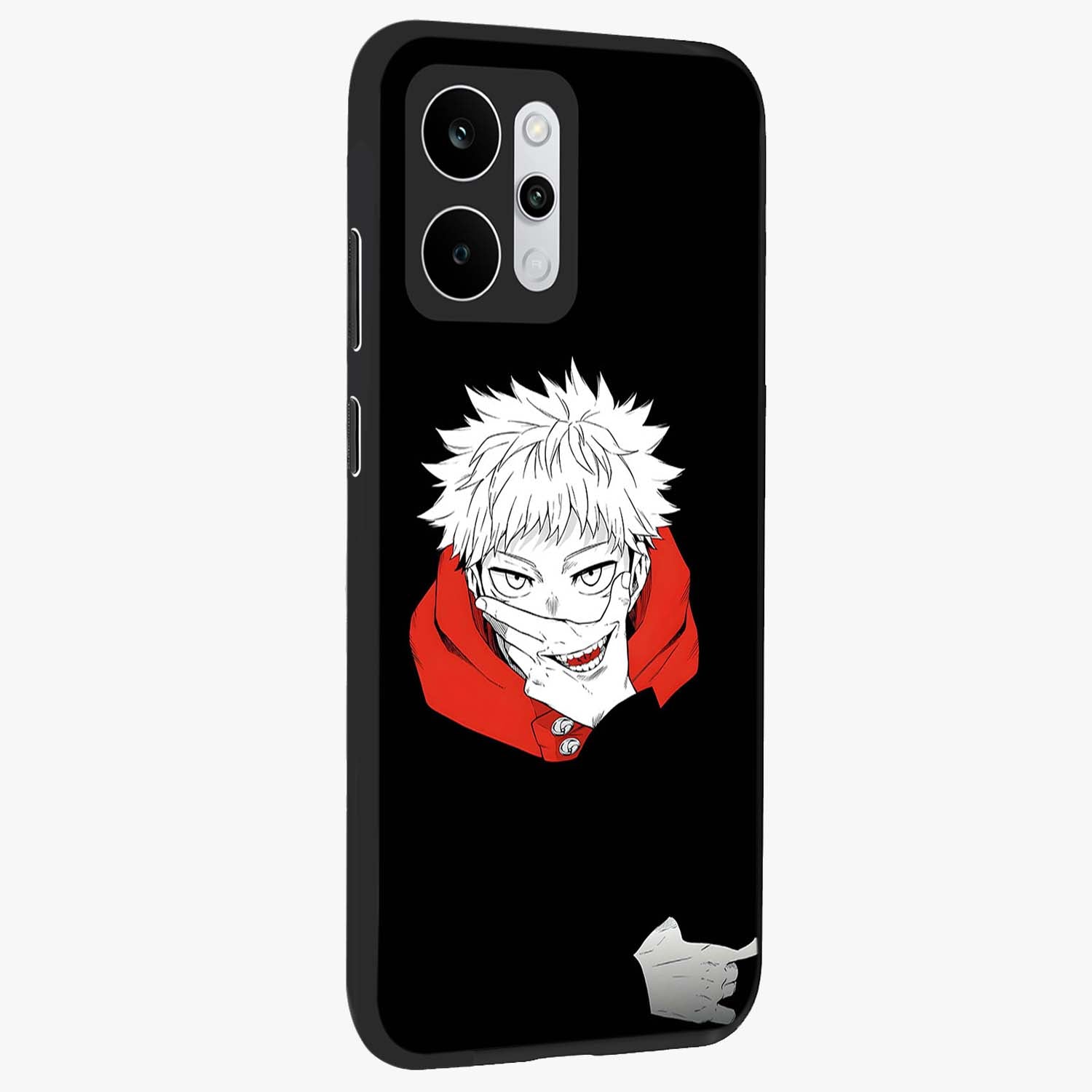 Crimson Chaos Smile Glass Case upright view showcasing expressive chaotic artwork with striking visual theme.