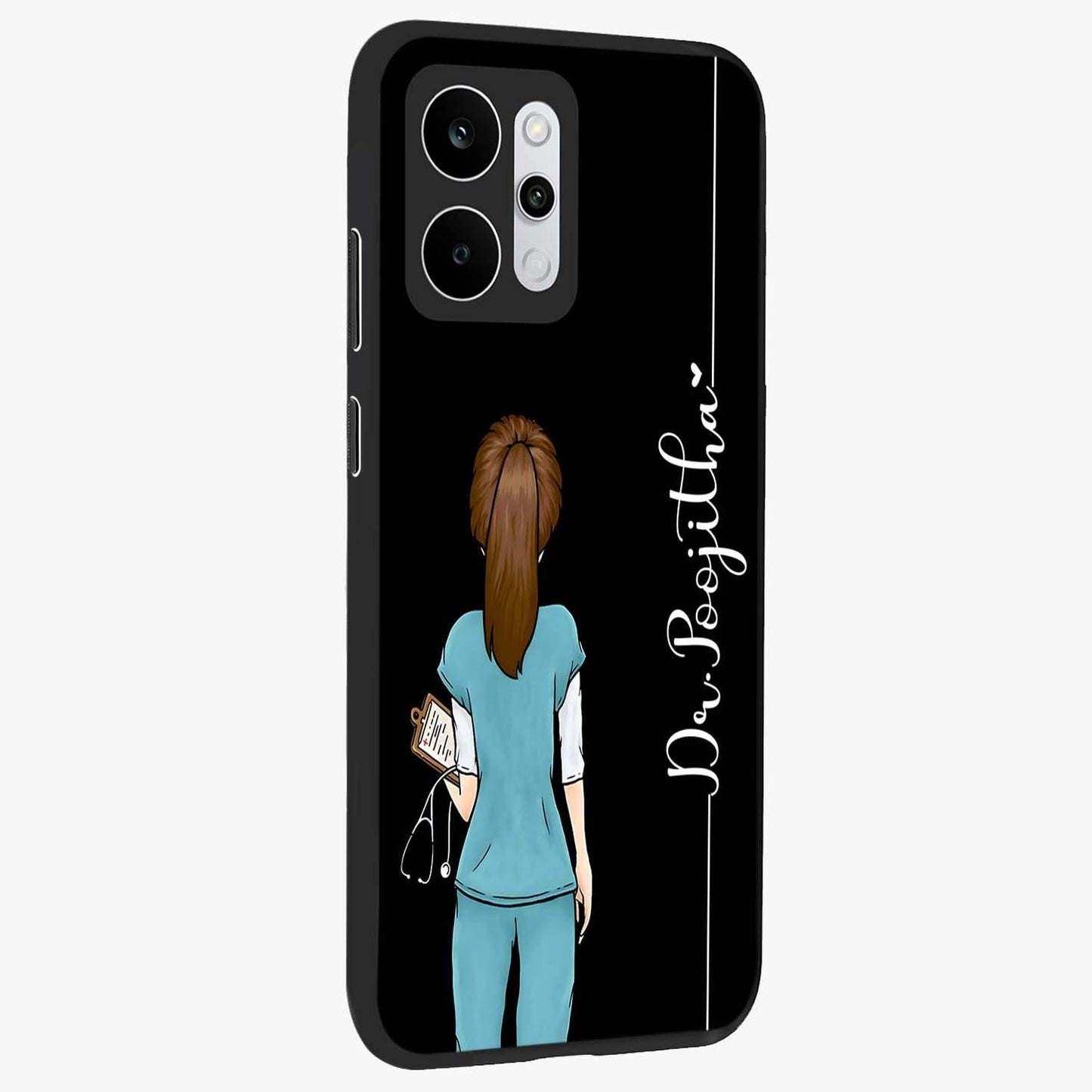 Doctor Pattern Custom Name Glass Case upright view showcasing healthcare themed design with personalized aesthetic.
