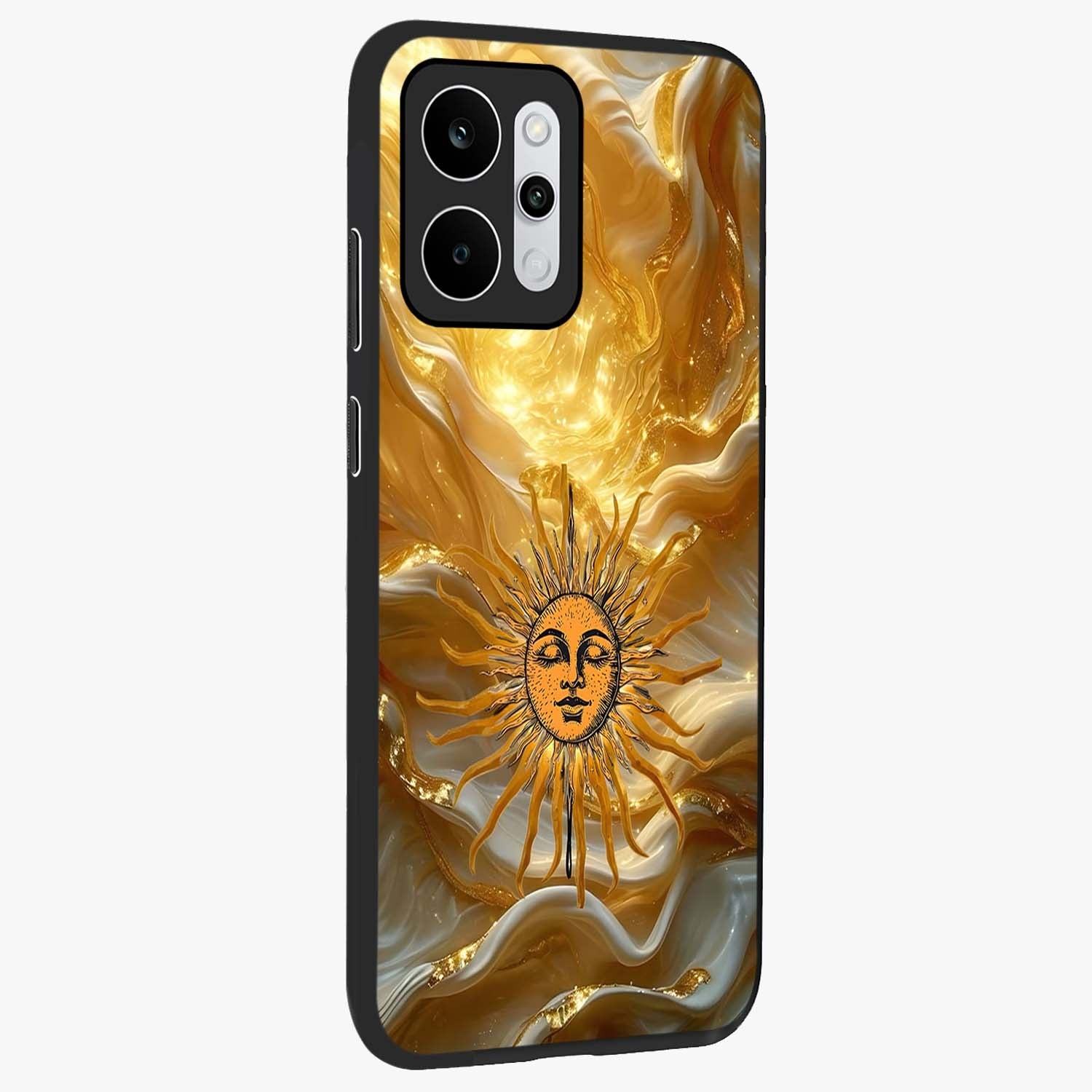 Eternal Golden Glow Glass Case upright view showcasing luminous golden artwork with luxurious visual theme.