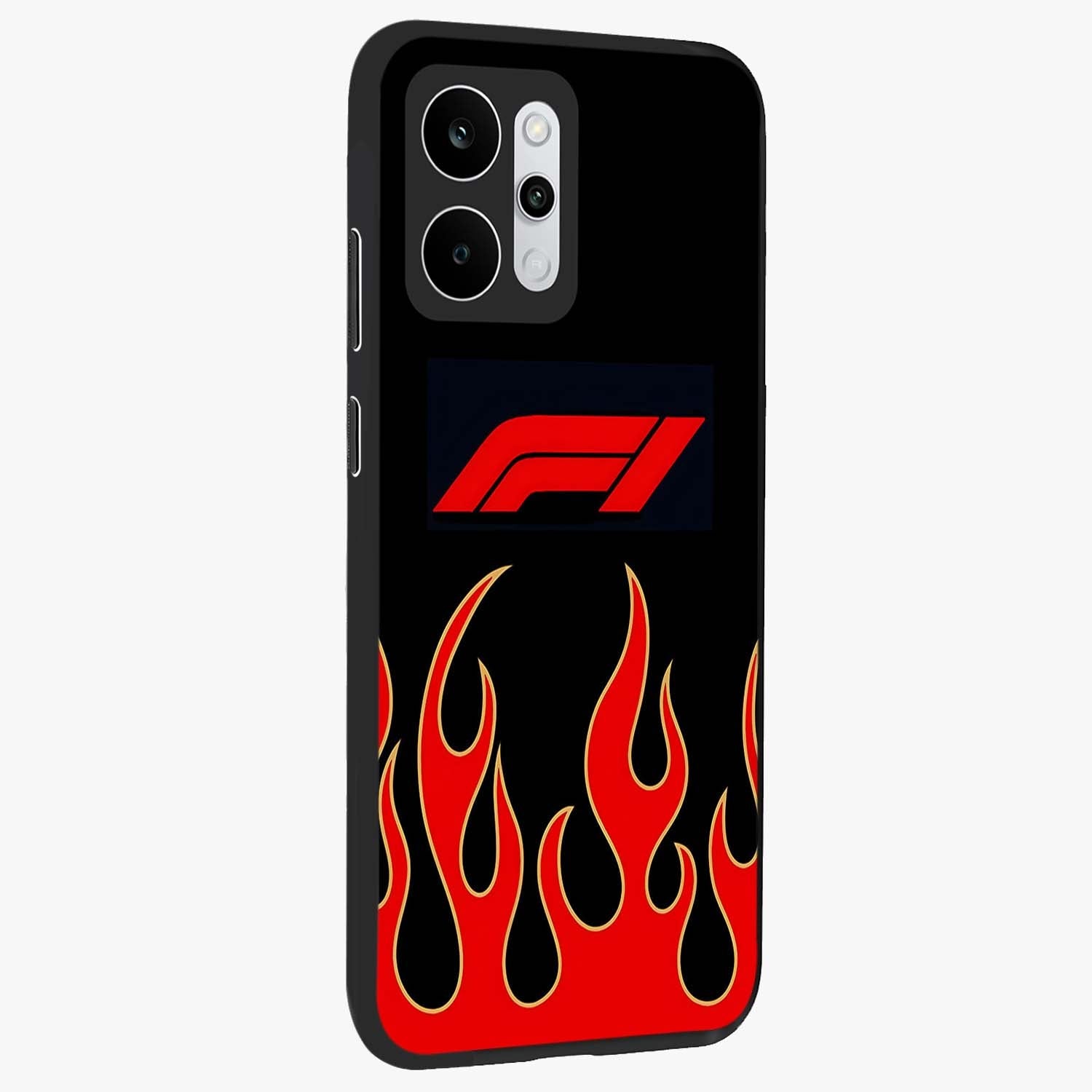 Fire F11 Glass Case upright view showcasing dynamic flame artwork with intense visual theme.